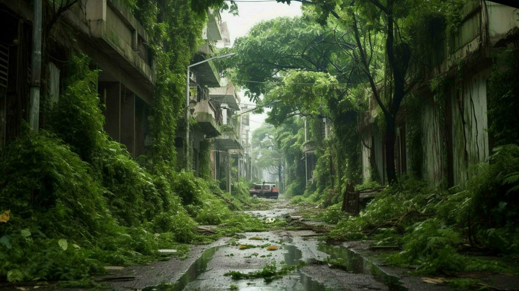 overgrown with vegetation and trees street in city photo