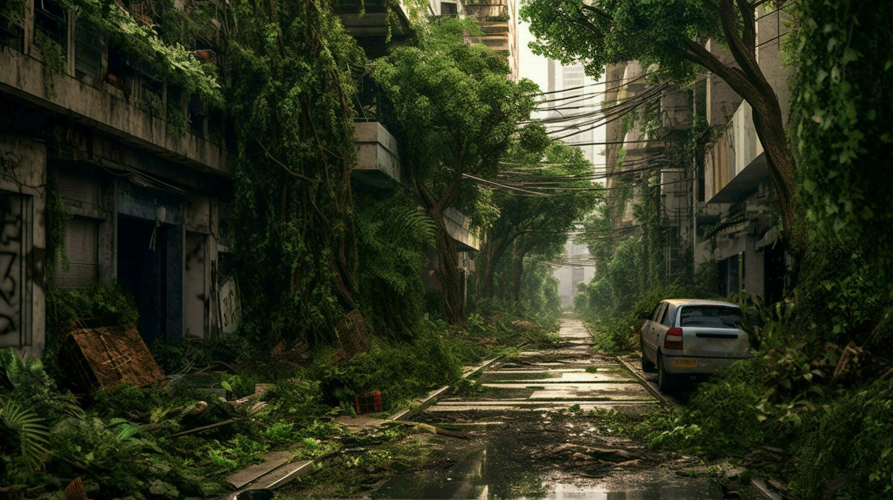 overgrown with vegetation and trees street in city photo