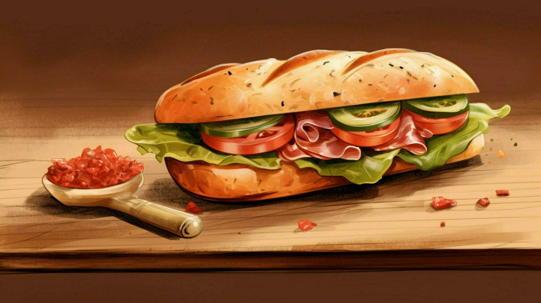 on a wooden table a sandwich with spanish photo