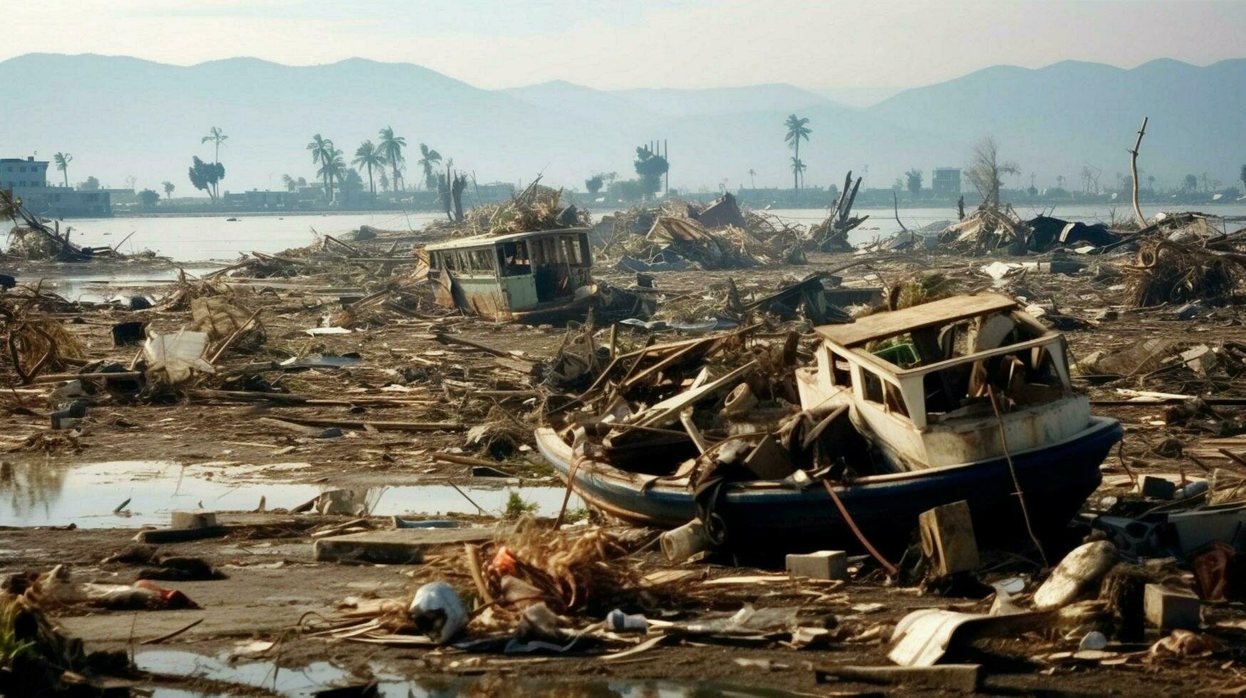 pile of debris left after a tsunami hit the coast photo