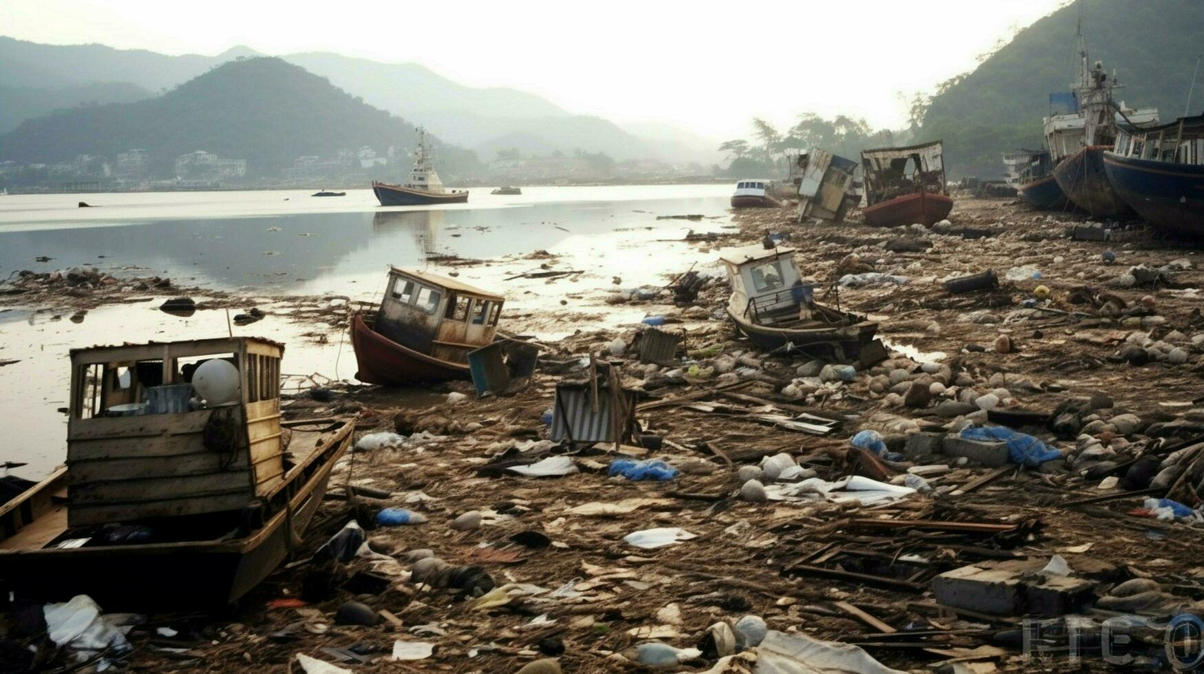 pile of debris left after a tsunami hit the coast photo