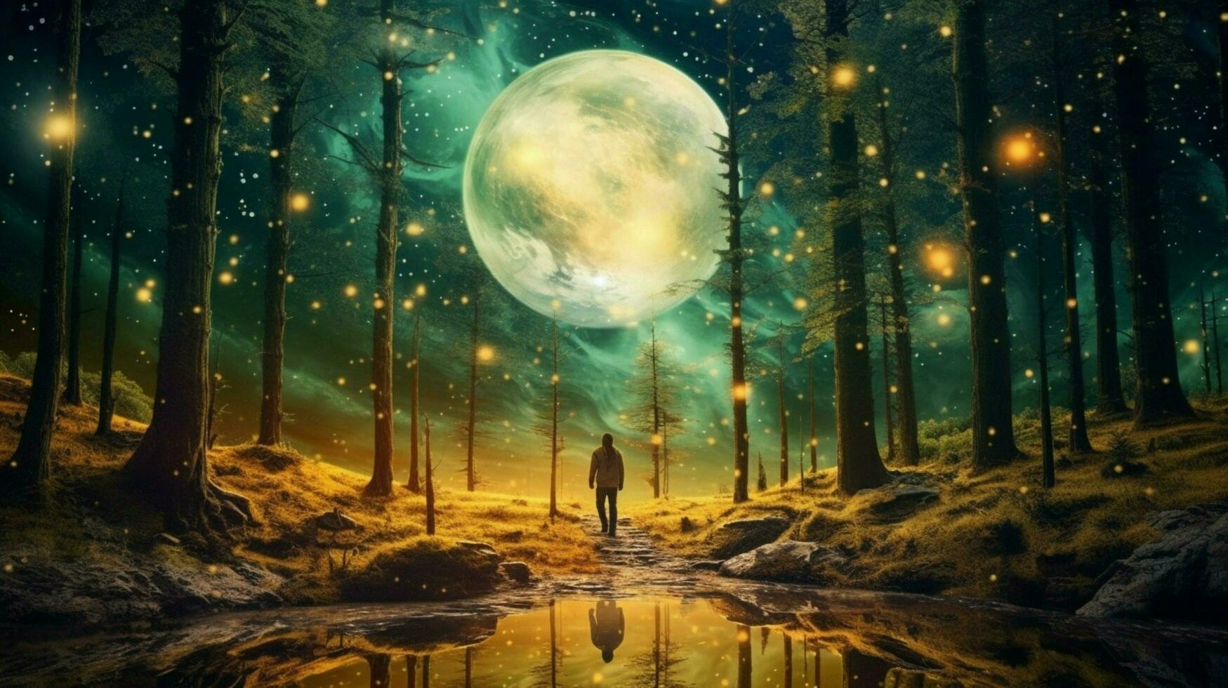 person walking through a dreamlike forest photo