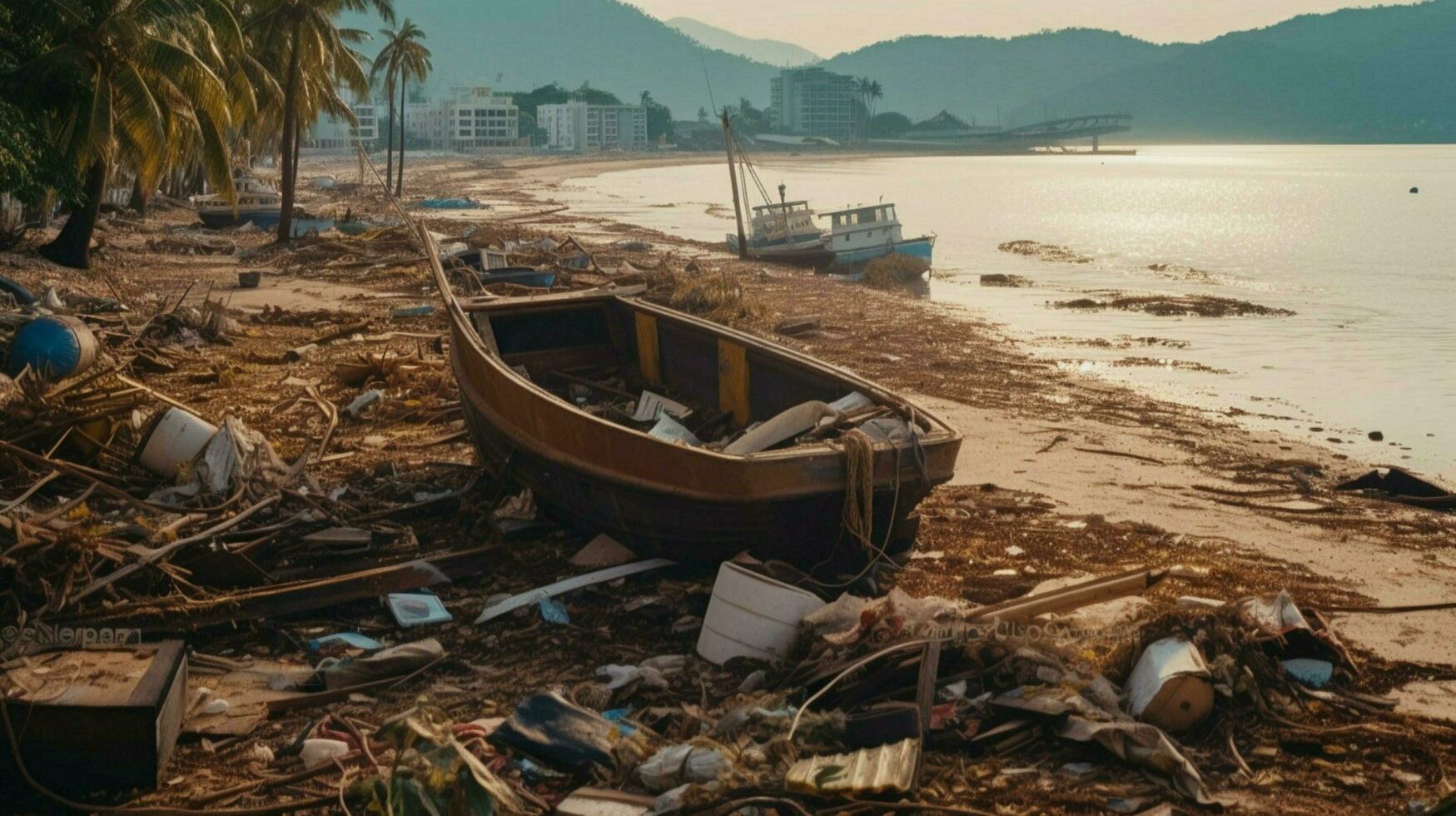 pile of debris left after a tsunami hit the coast photo
