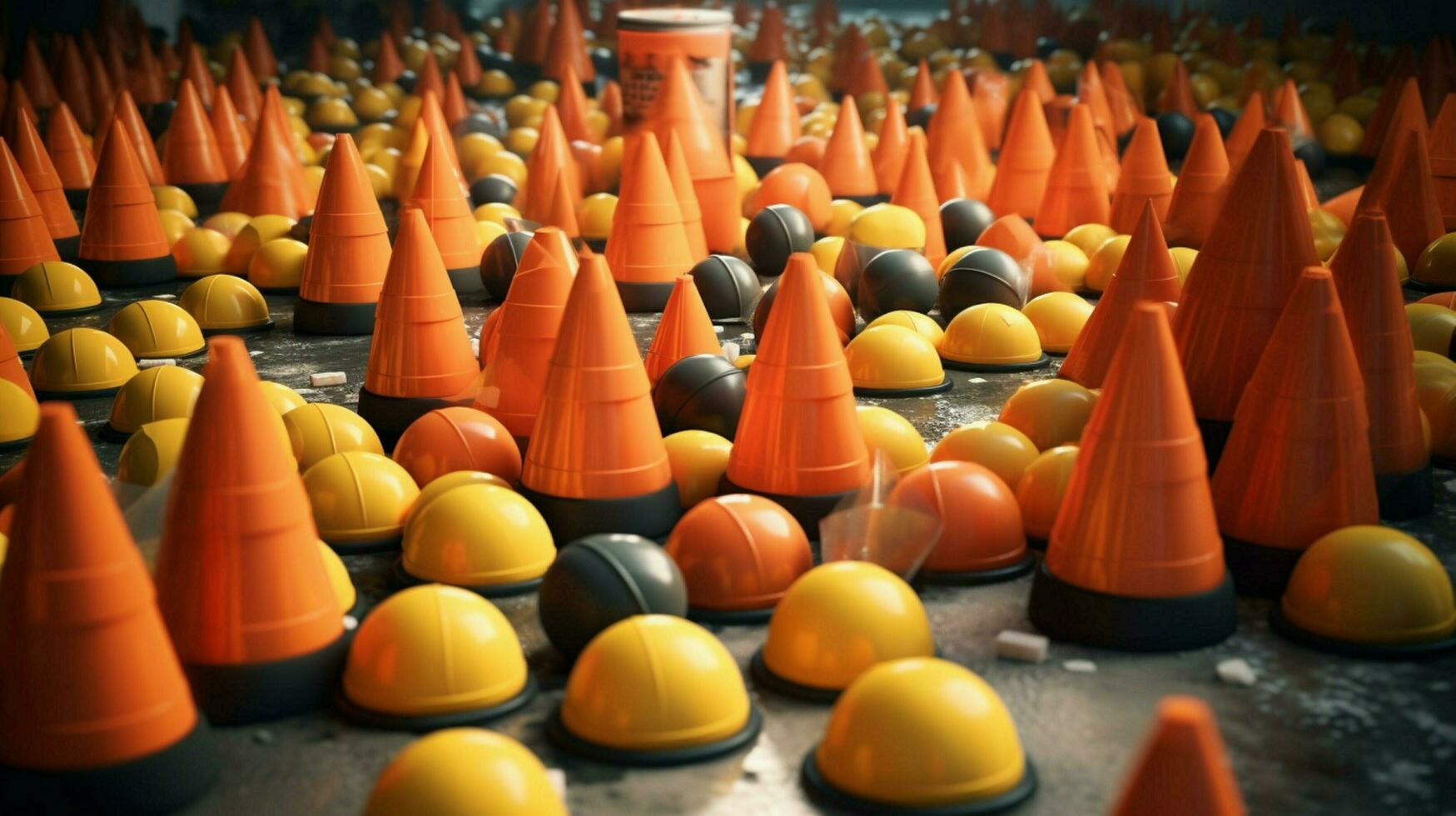 pile of traffic cones being used as barrier photo
