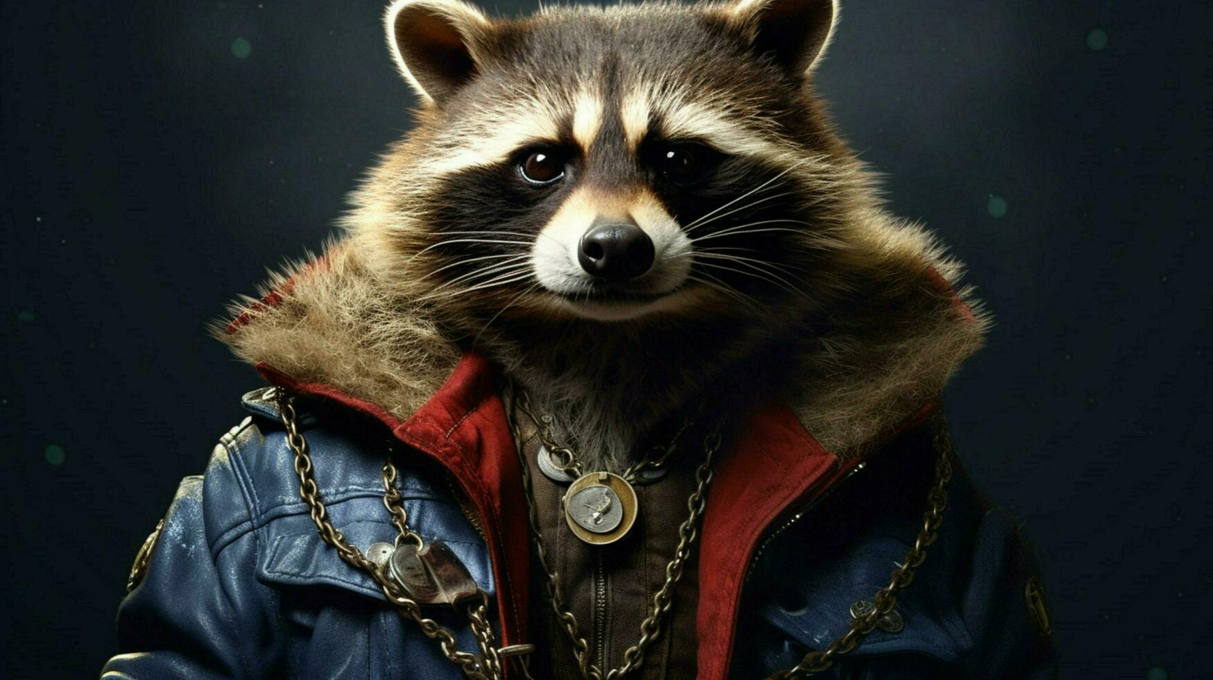 raccoon in a jacket with a chain on his neck photo