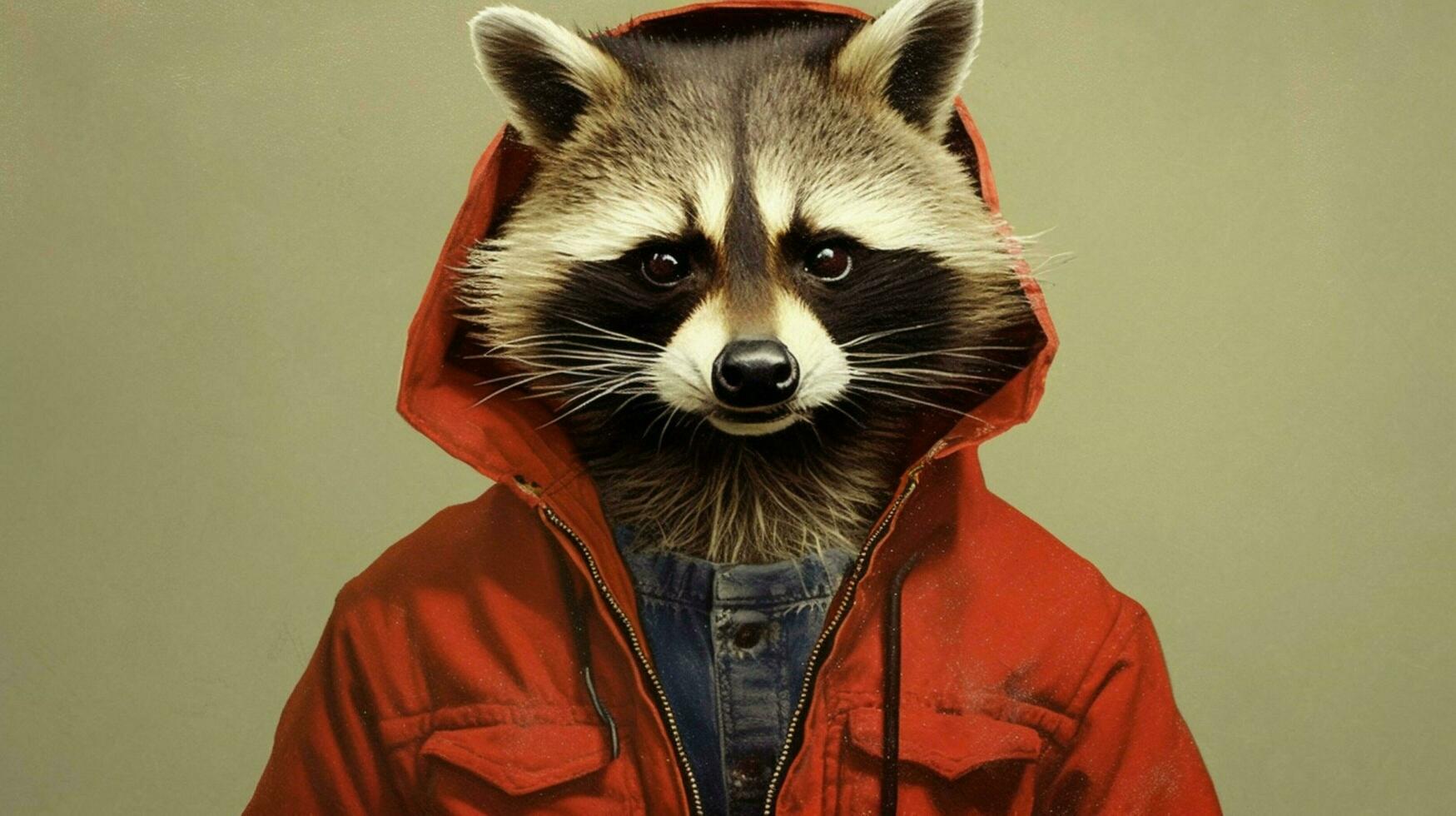 raccoon in a jacket with the word raccoon on it photo