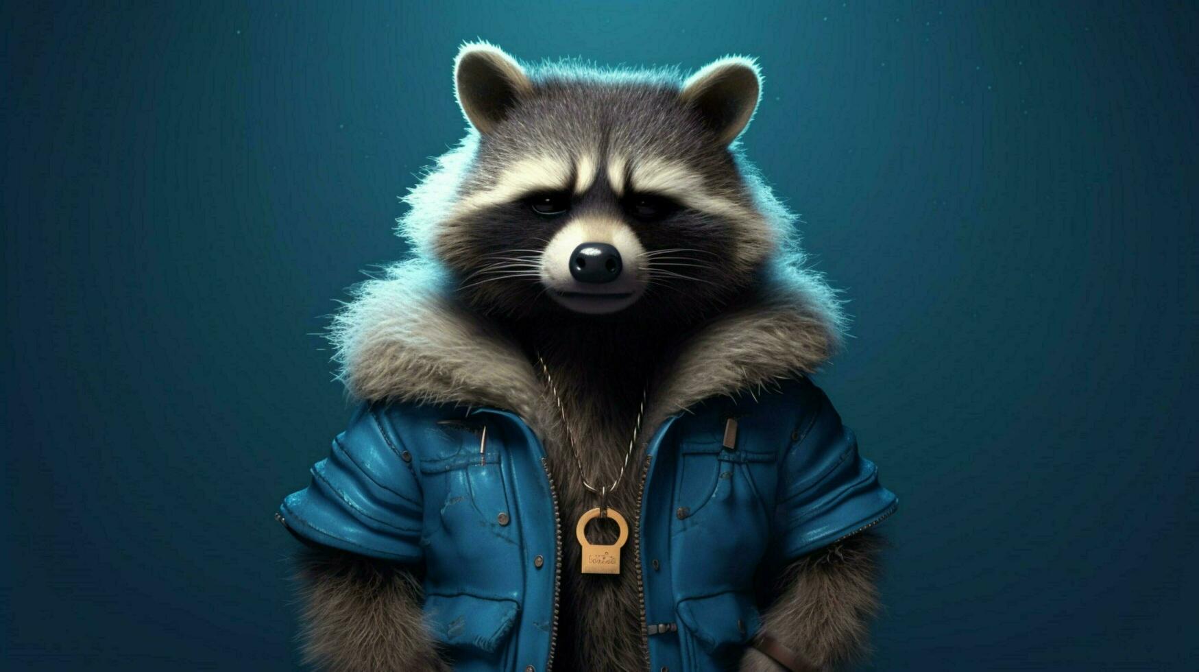 raccoon in a jacket with a chain on his neck photo