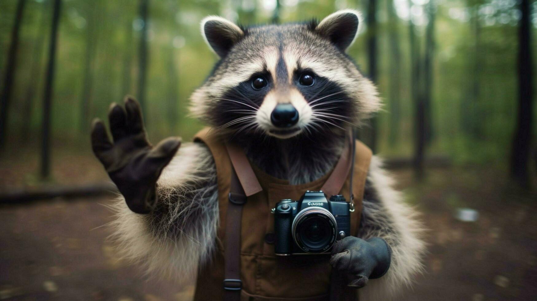 mapache con un cámara en su mano foto