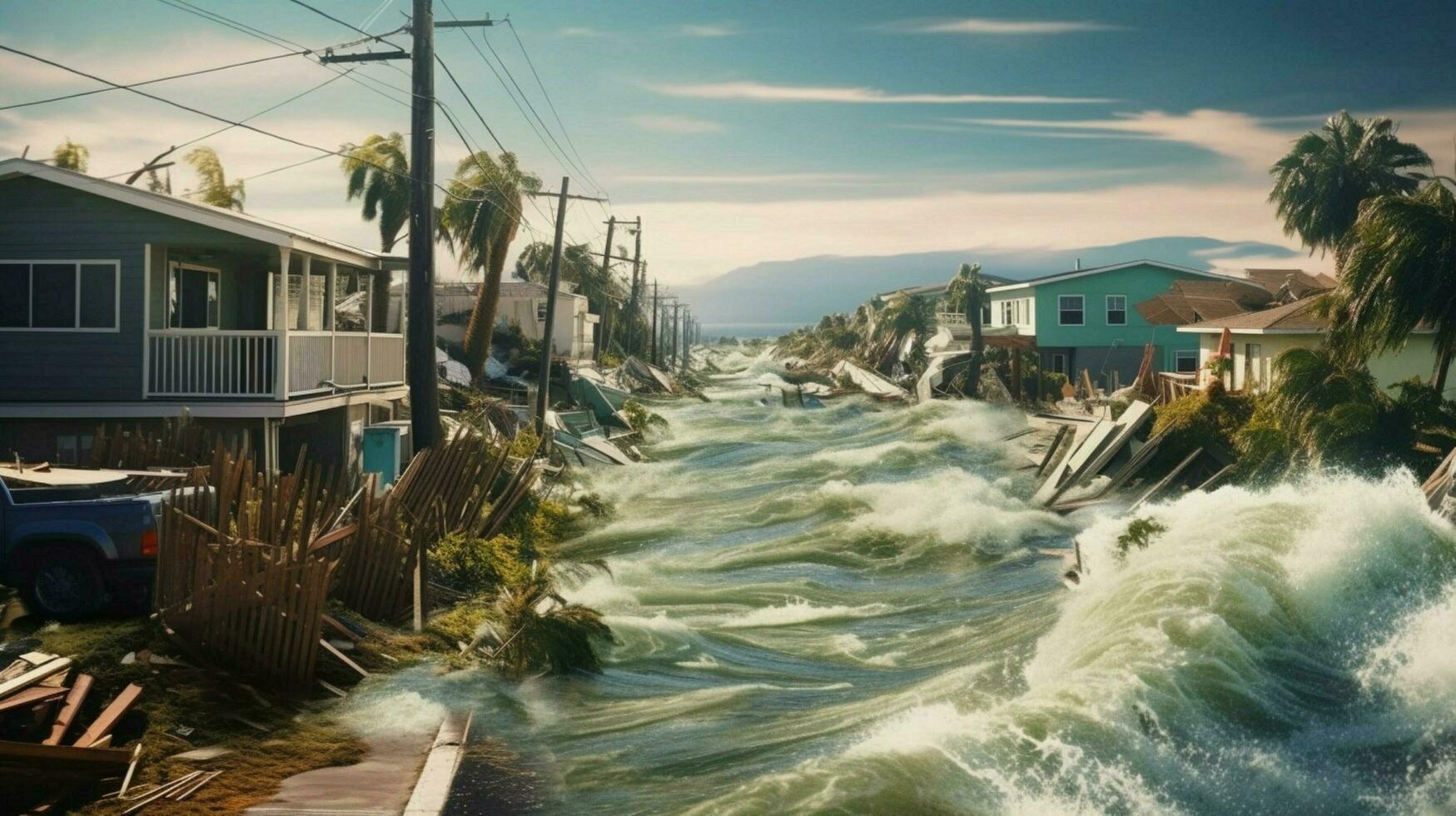 residential neighborhood with flooded streets photo