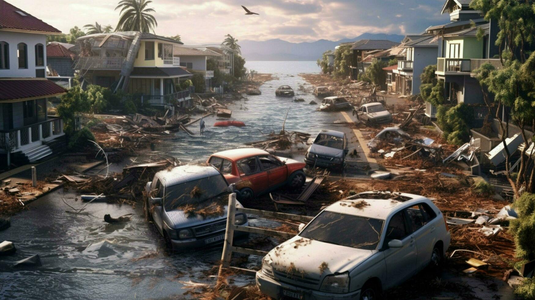 residential neighborhood with flooded streets photo
