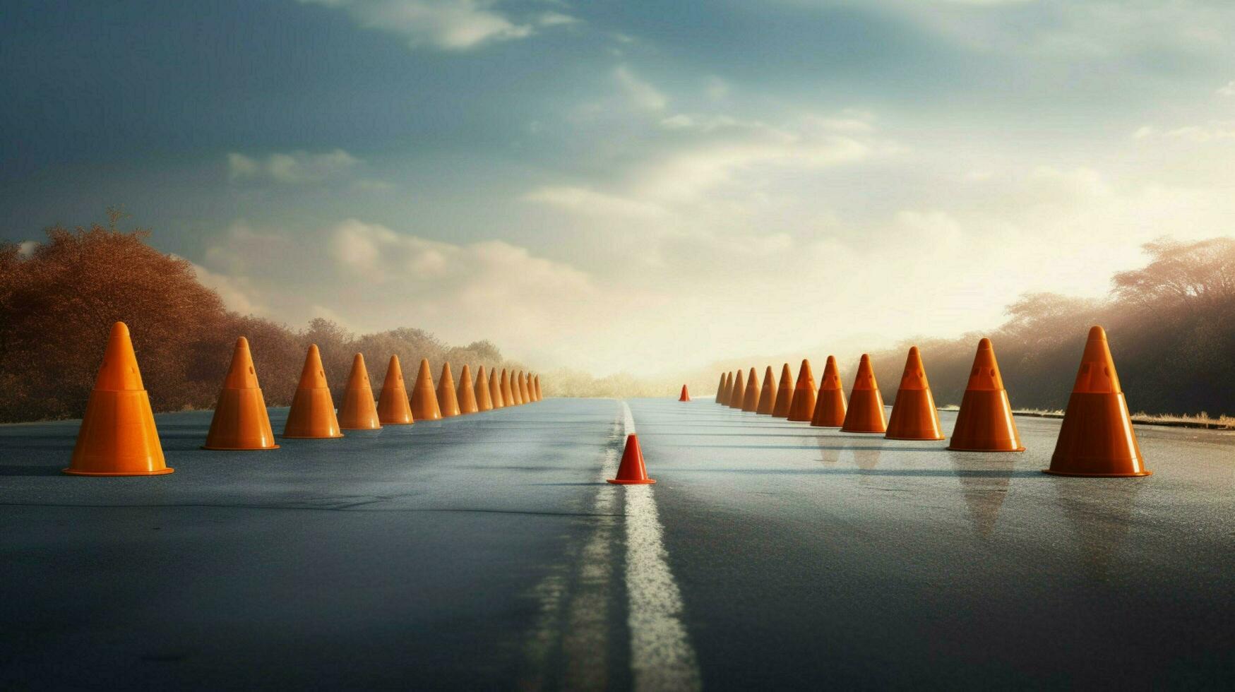 row of traffic cones on a long empty road photo