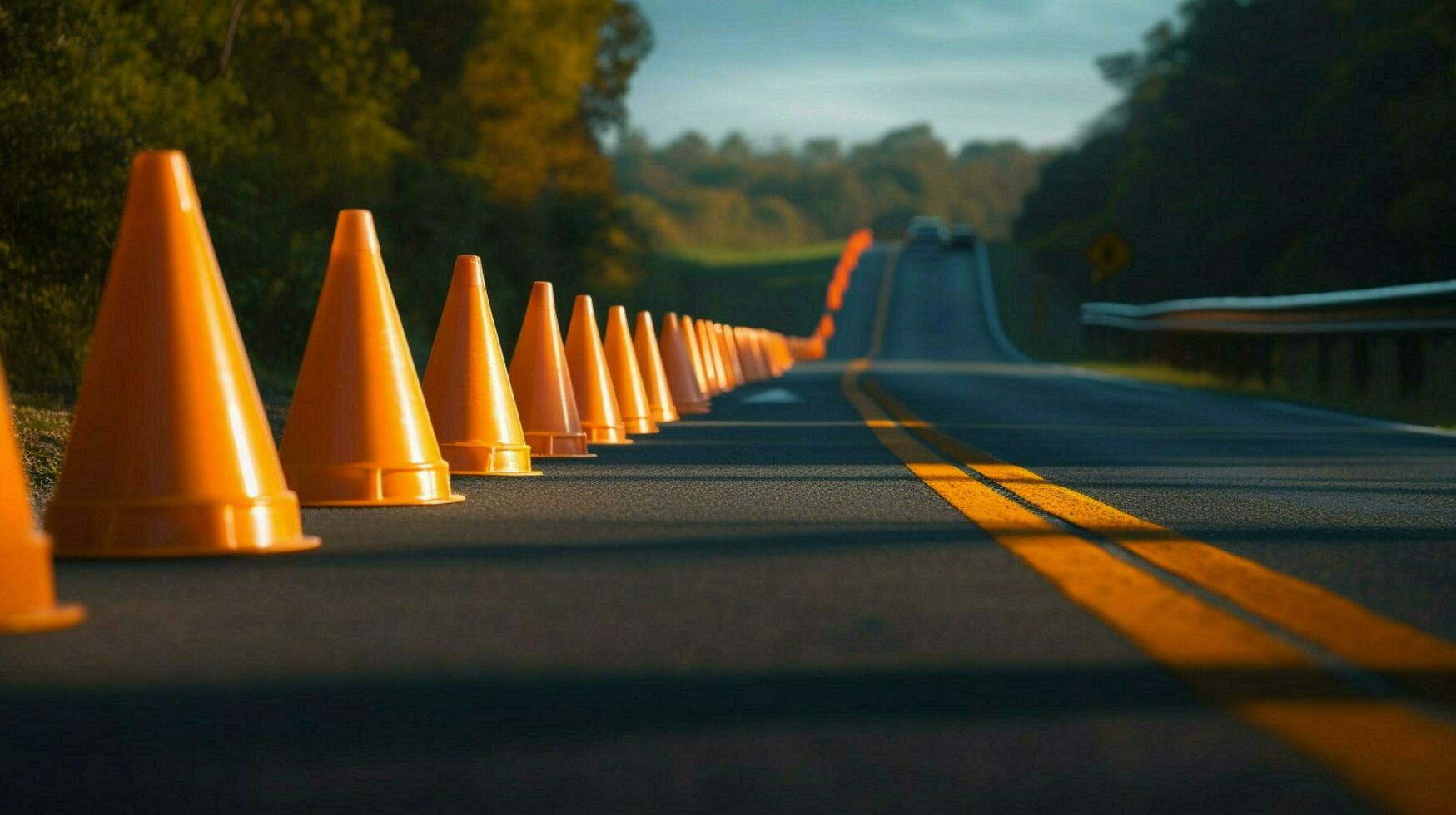 row of traffic cones on a long empty road photo