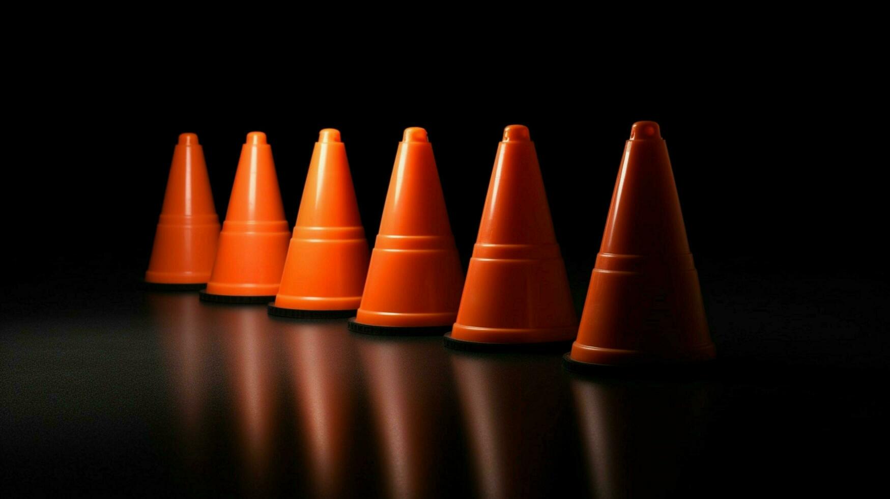 row of traffic cones on black background for class photo