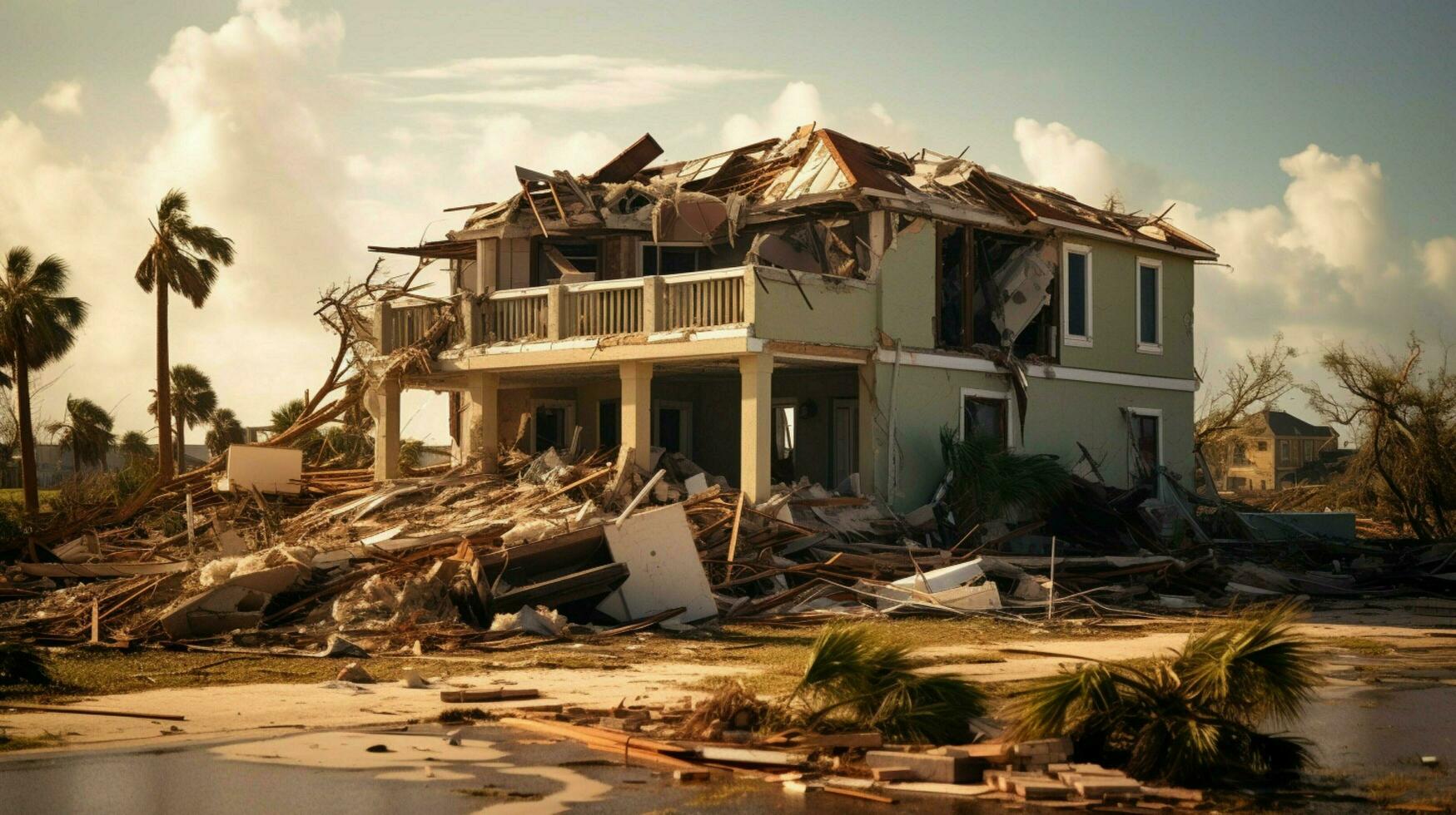 ruined family suburban house after hurricane photo