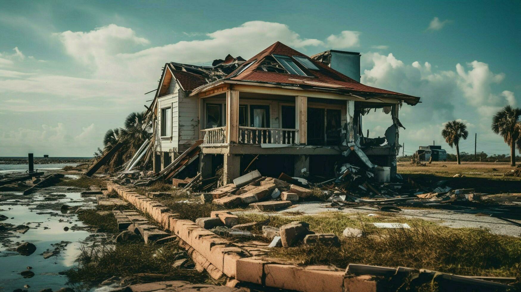 ruined family suburban house after hurricane photo