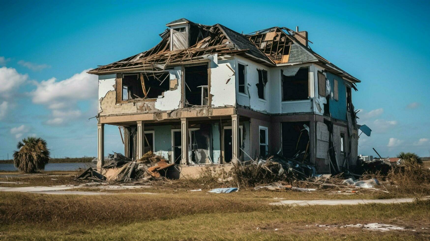 ruined family suburban house after hurricane photo