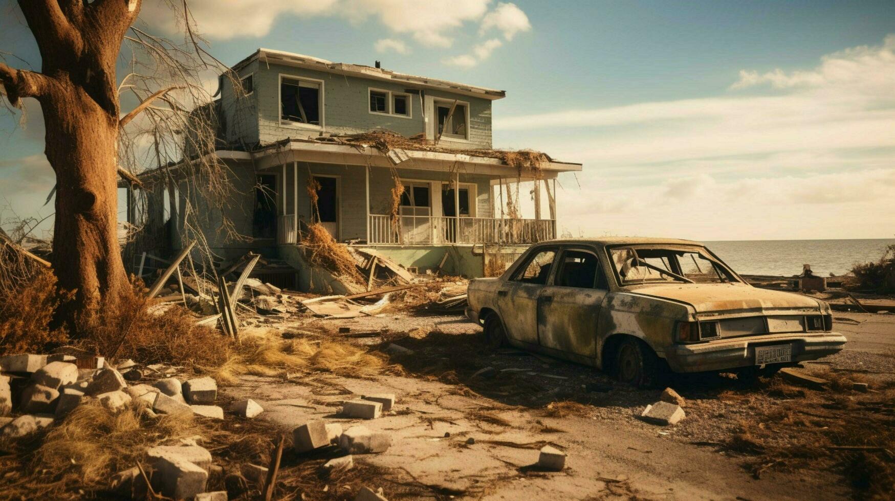 ruined family suburban house after hurricane photo