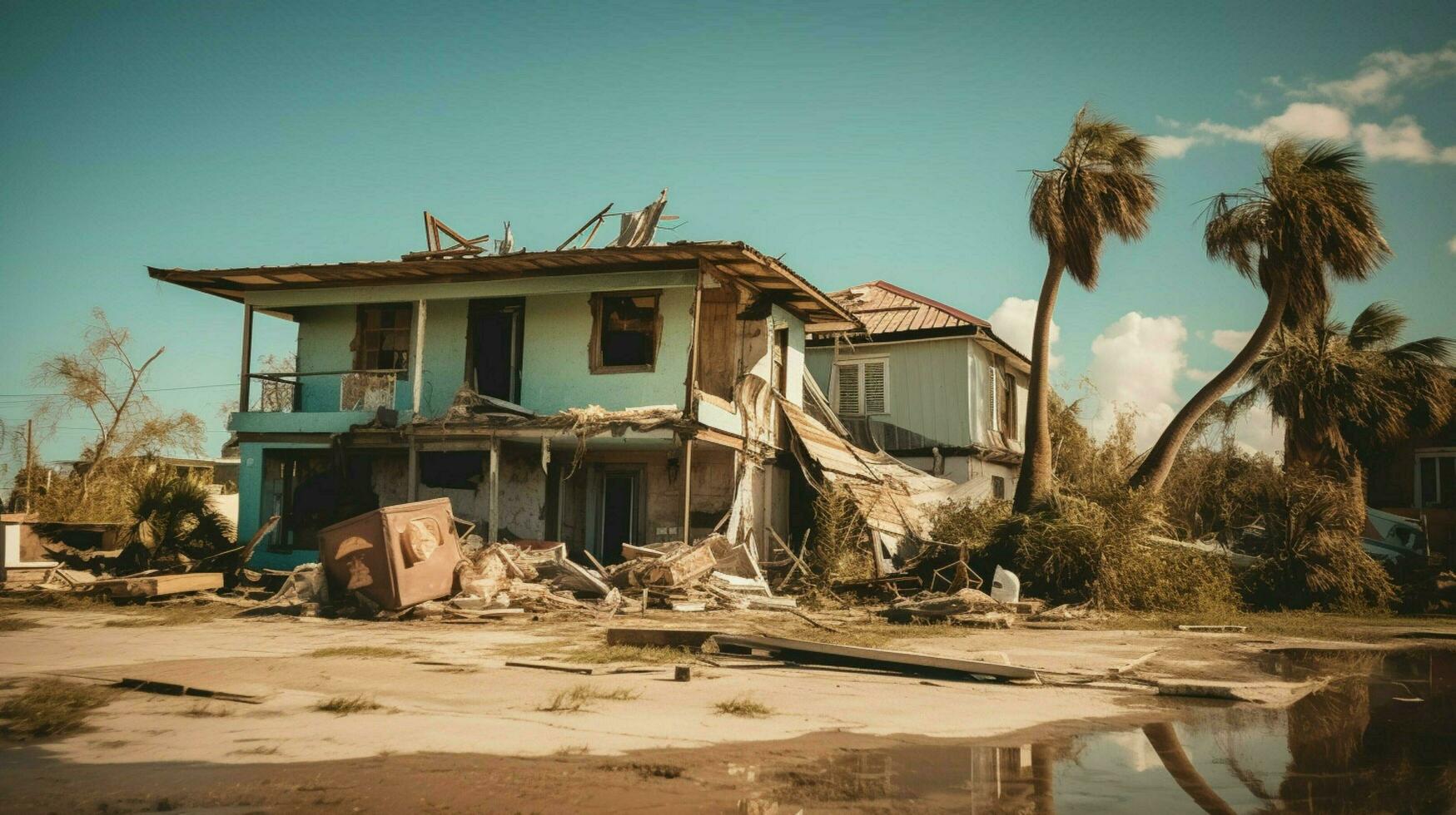 ruined family suburban house after hurricane photo