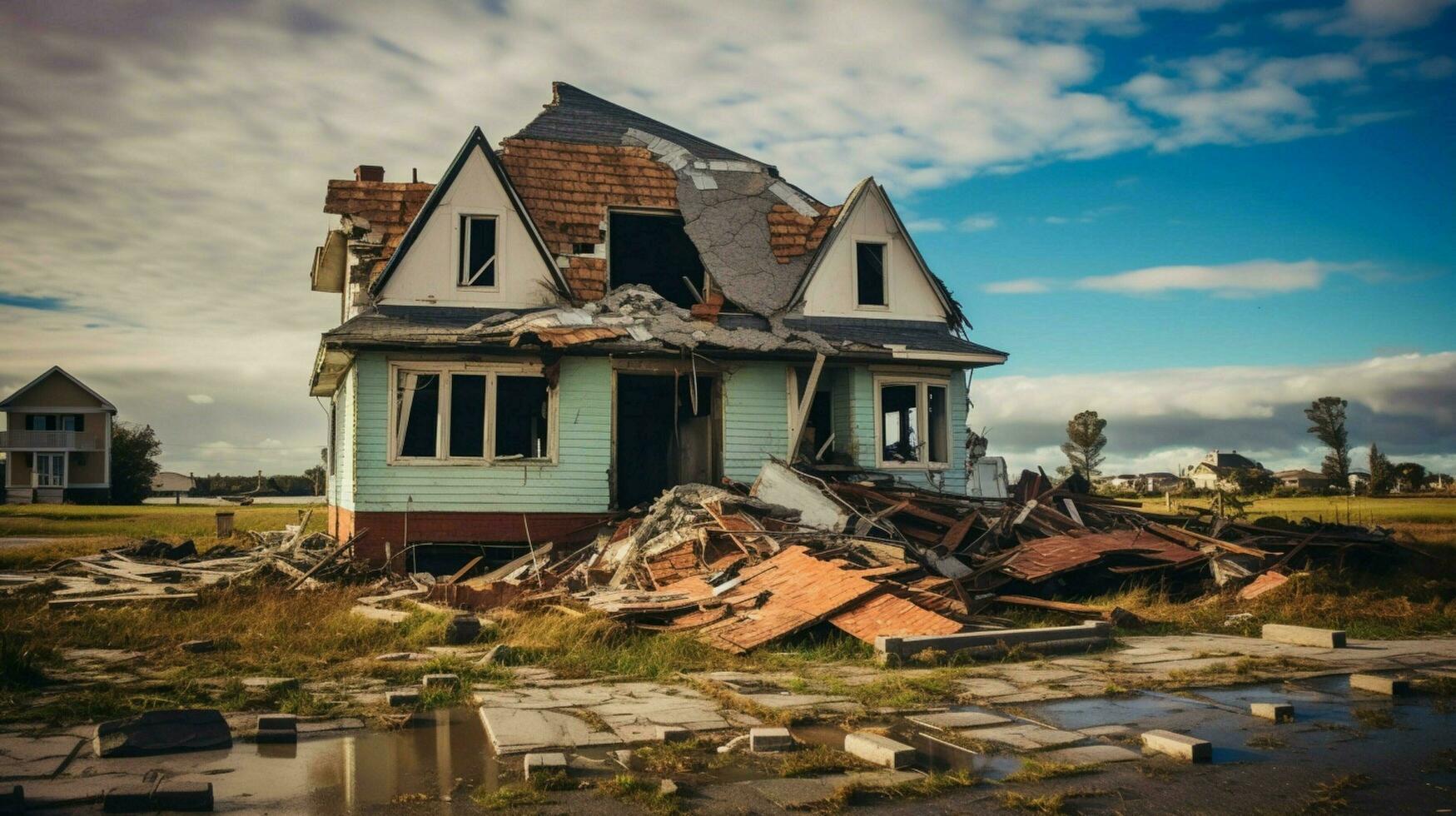 ruined family suburban house after hurricane photo