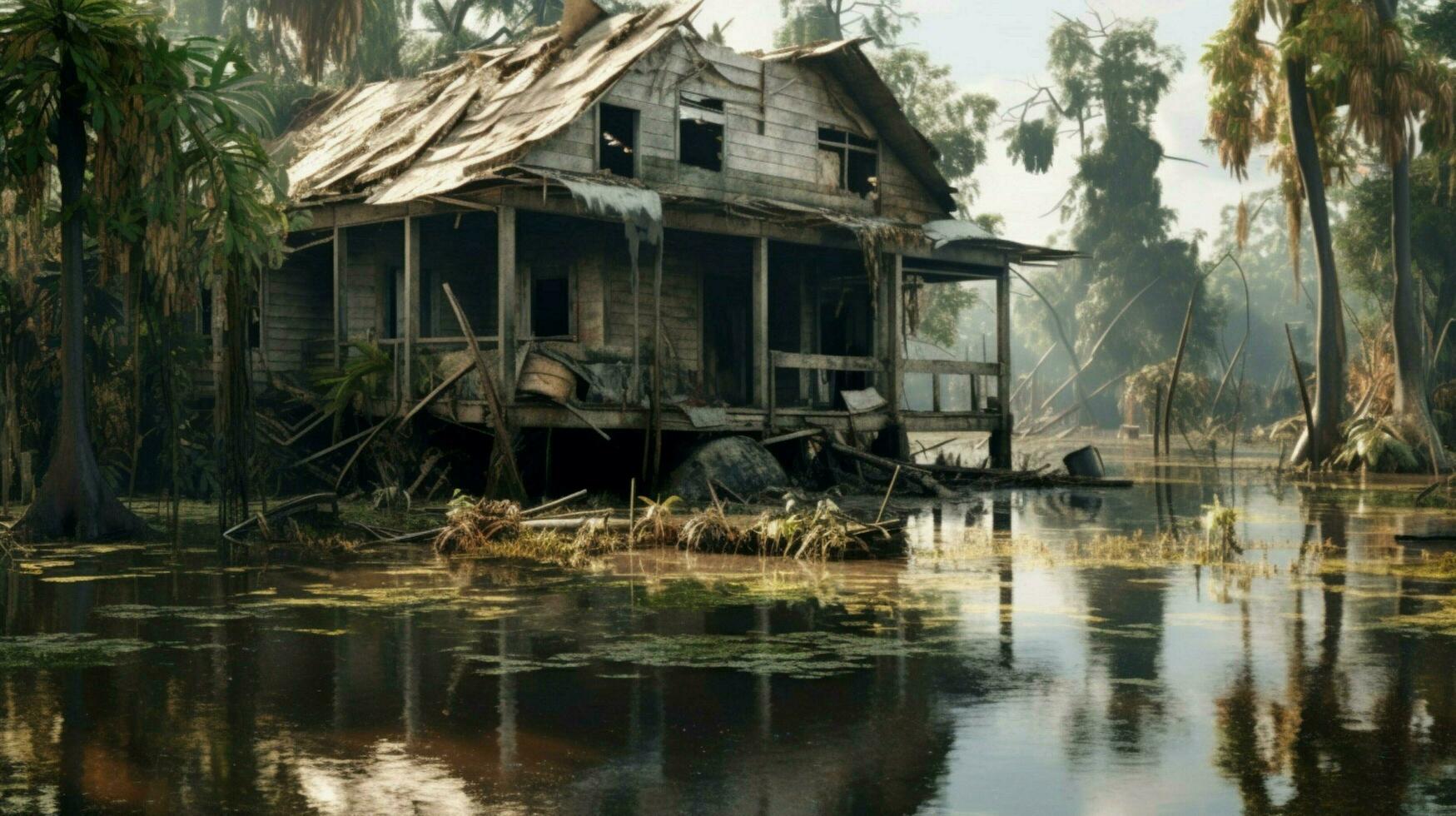 ruined houses in flooded forest after aftermath photo