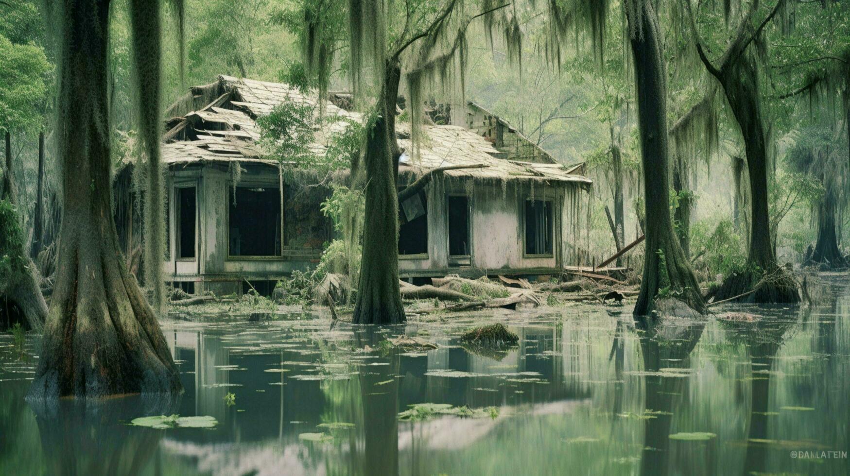 ruined houses in flooded forest after aftermath photo