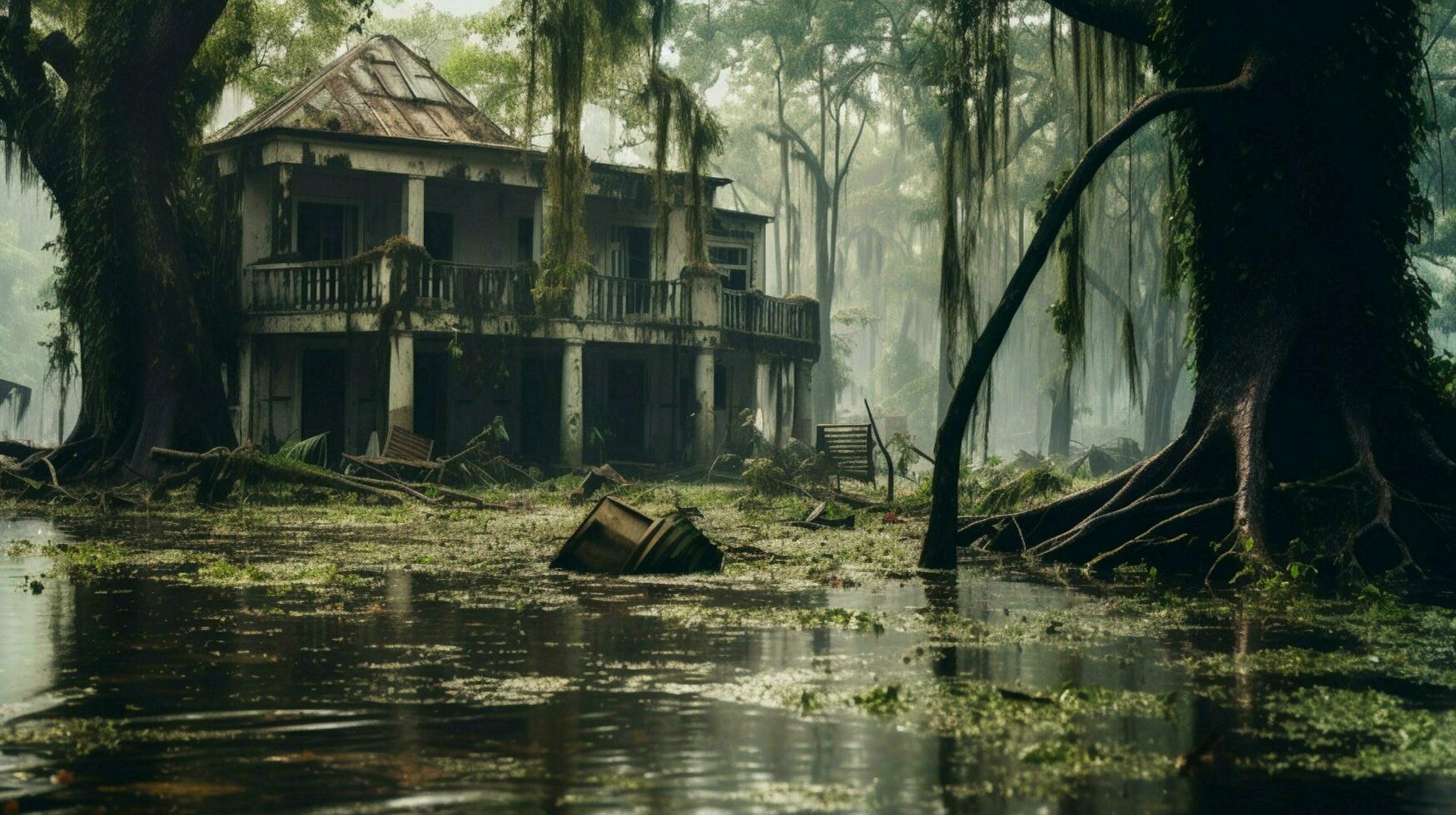 ruined houses in flooded forest after aftermath photo