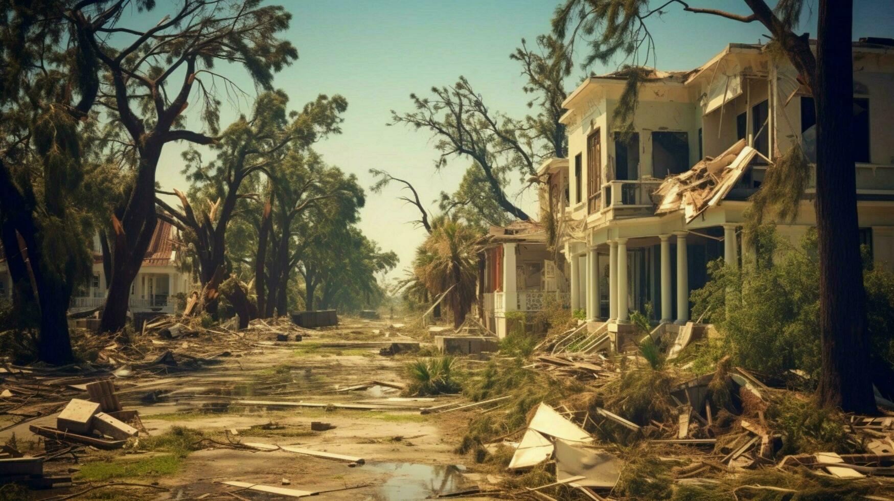 ruined houses and trees after aftermath hurricane photo