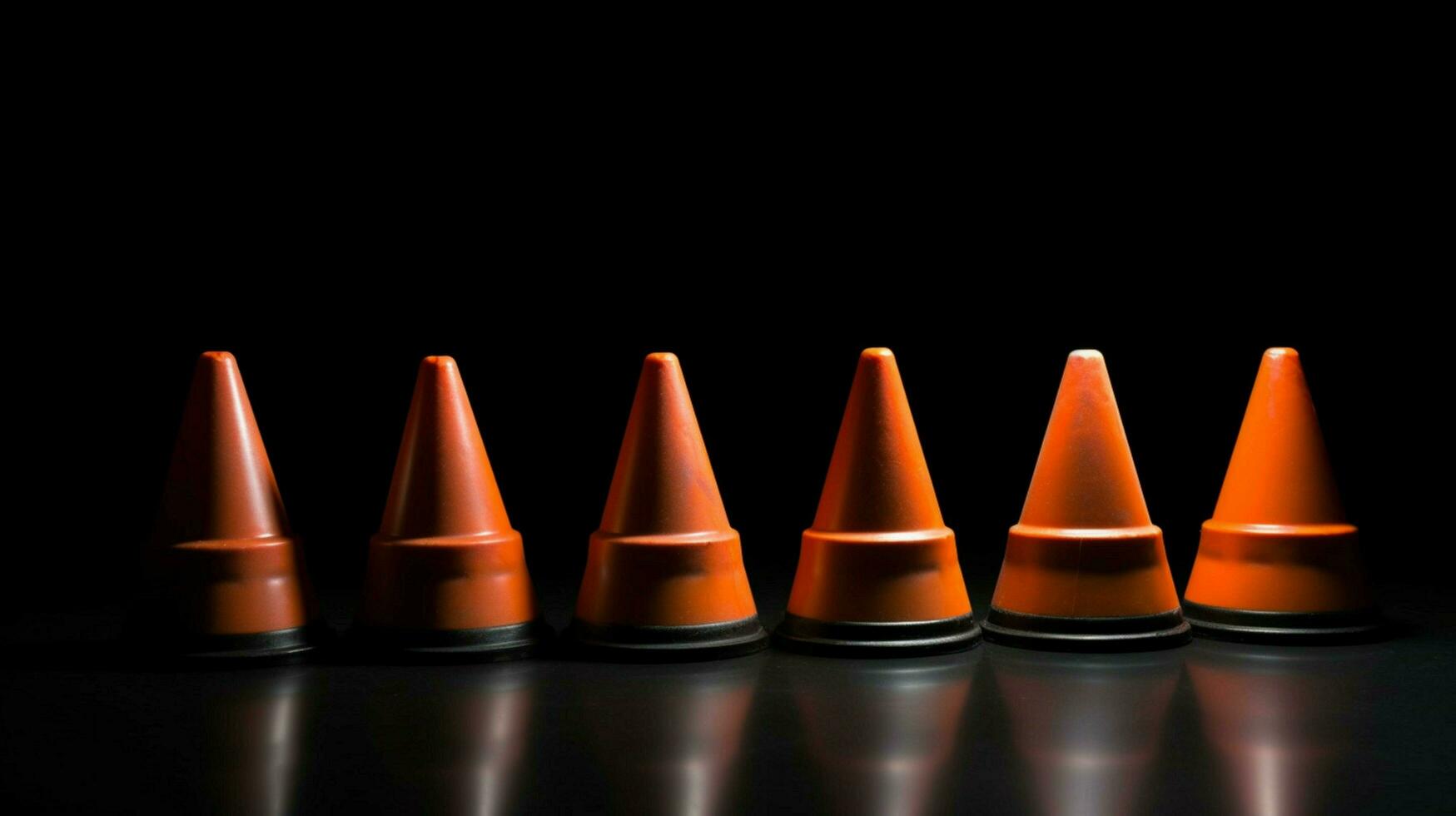 row of traffic cones on black background for class photo