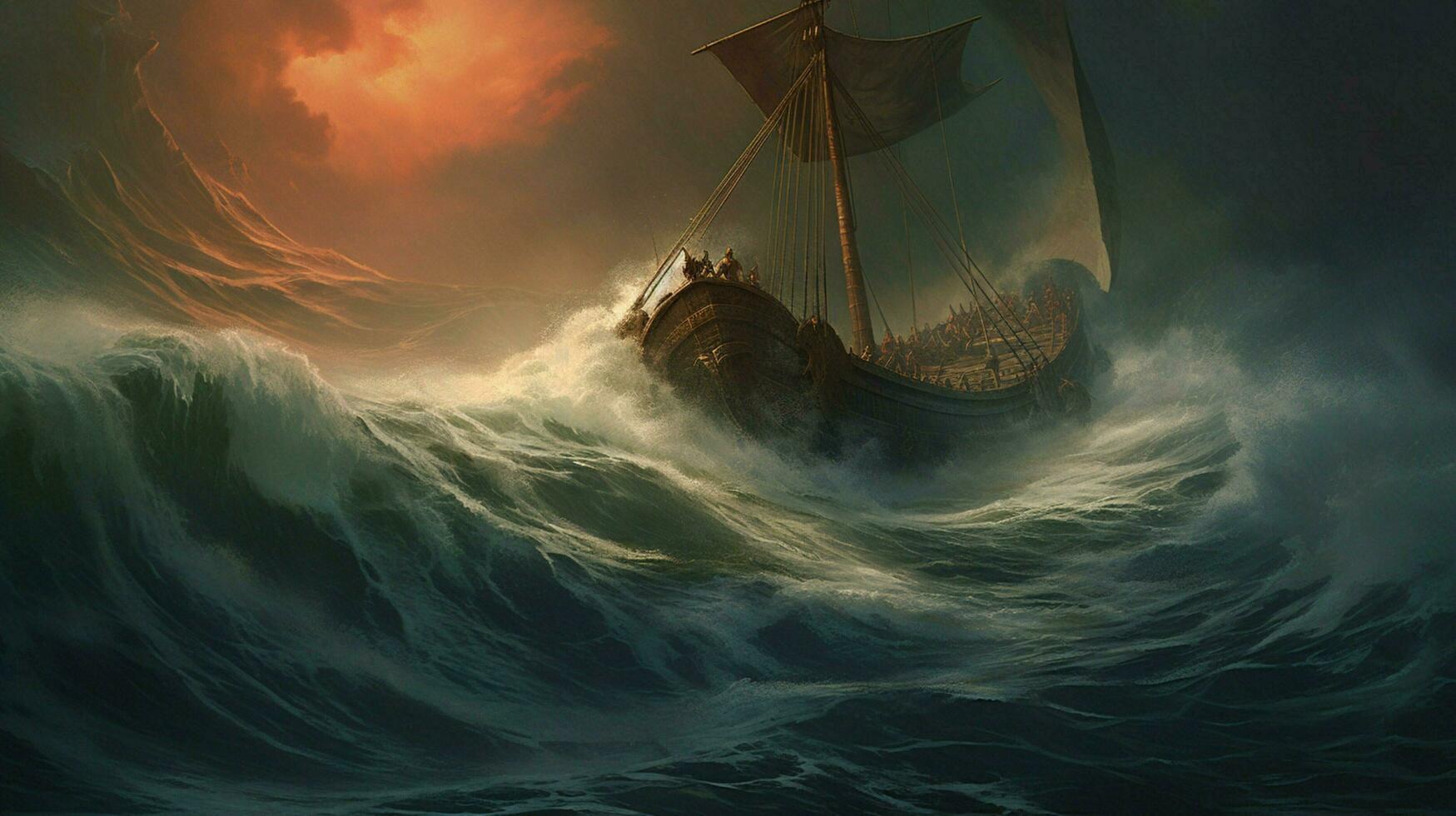 stormy sea with viking ship riding the waves photo