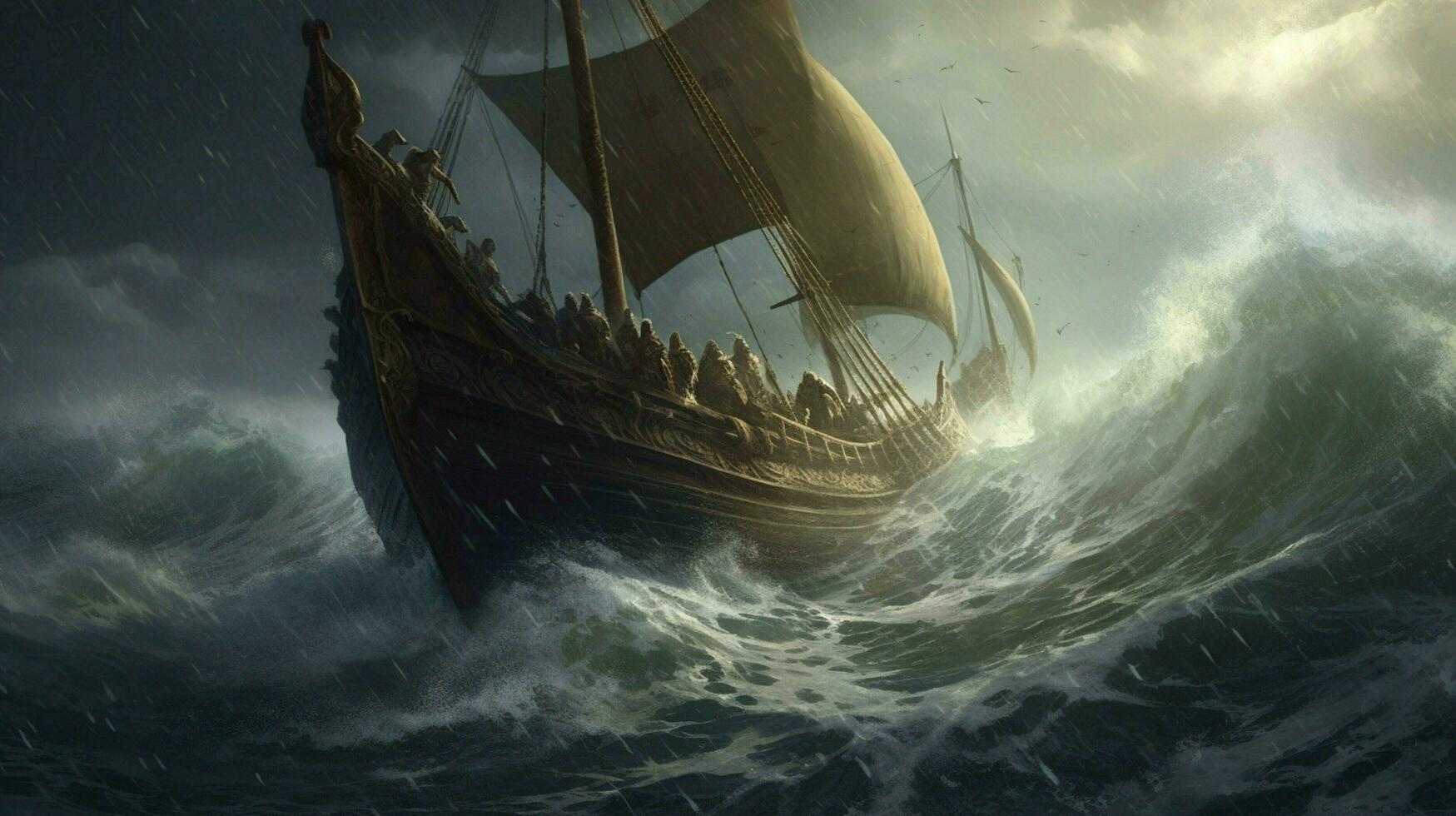 stormy sea with viking ship riding the waves photo