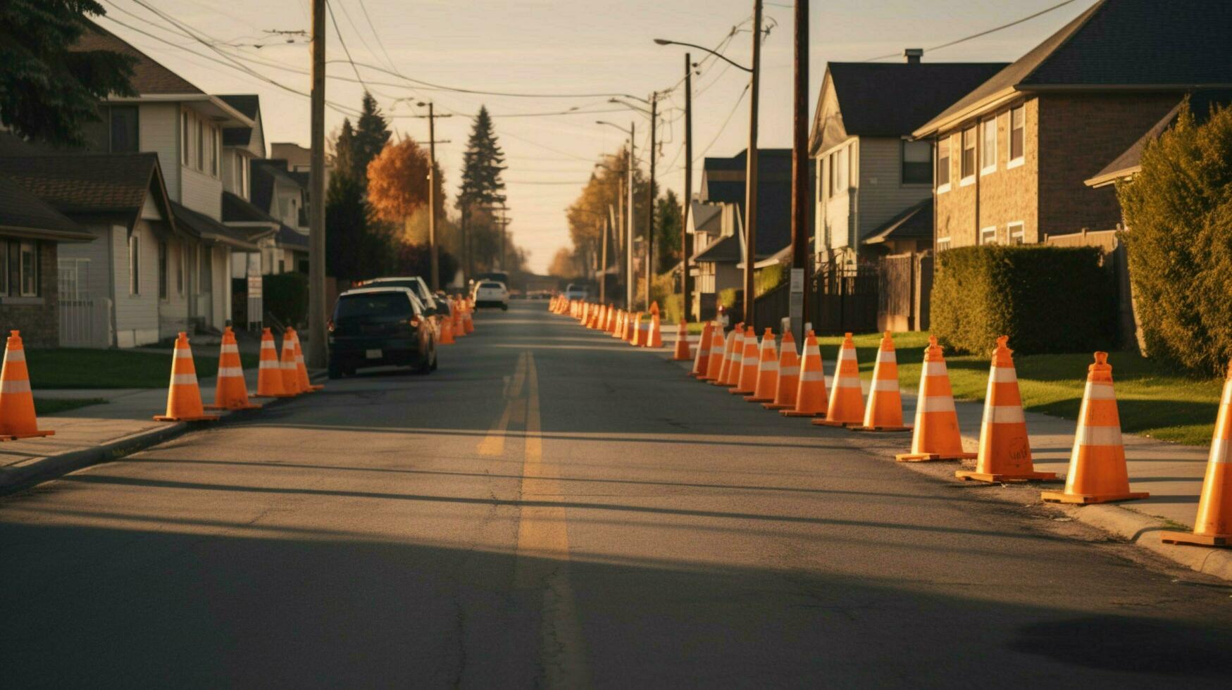 suburban street with line of traffic cones marking photo