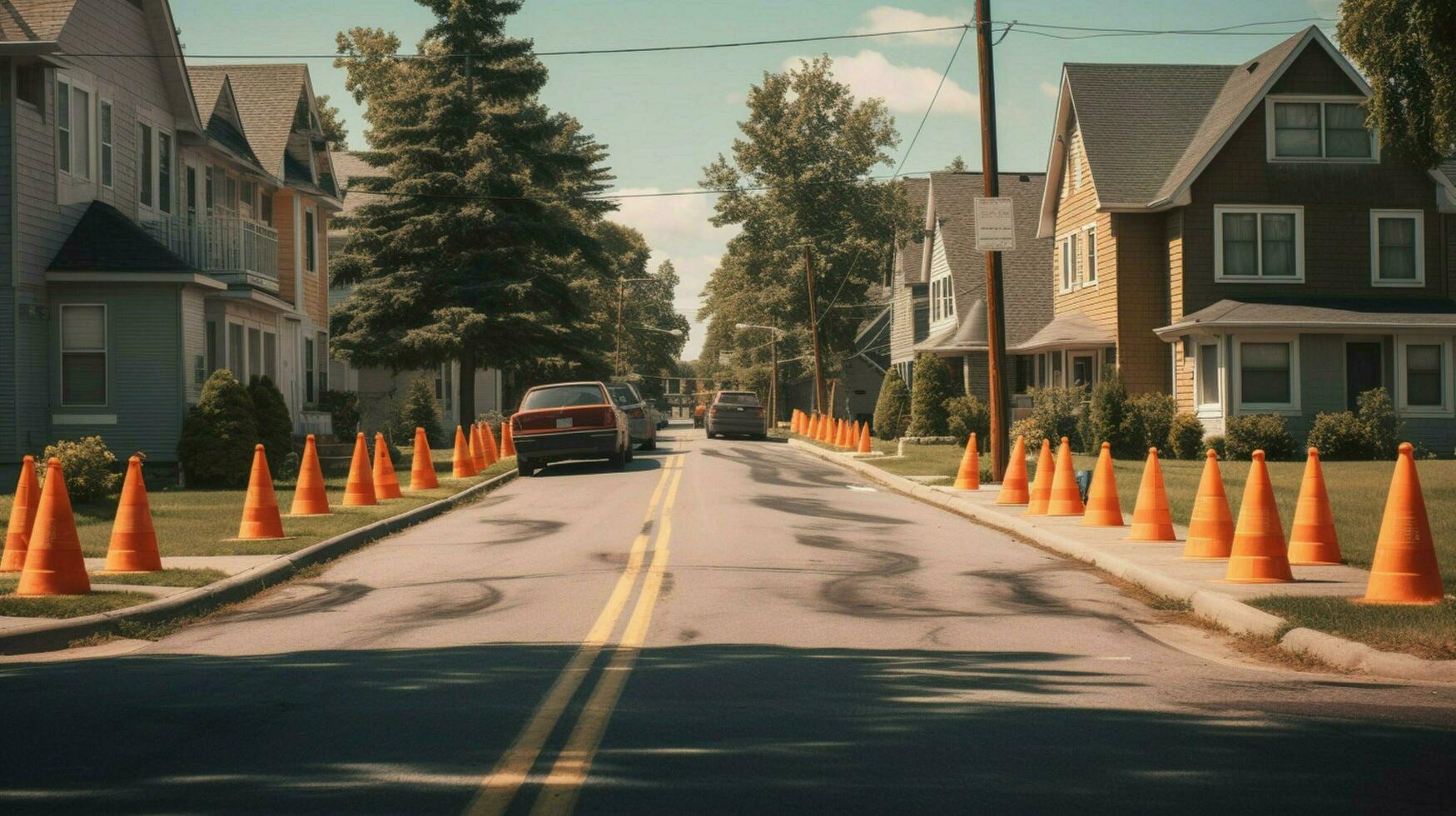 suburban street with line of traffic cones marking photo