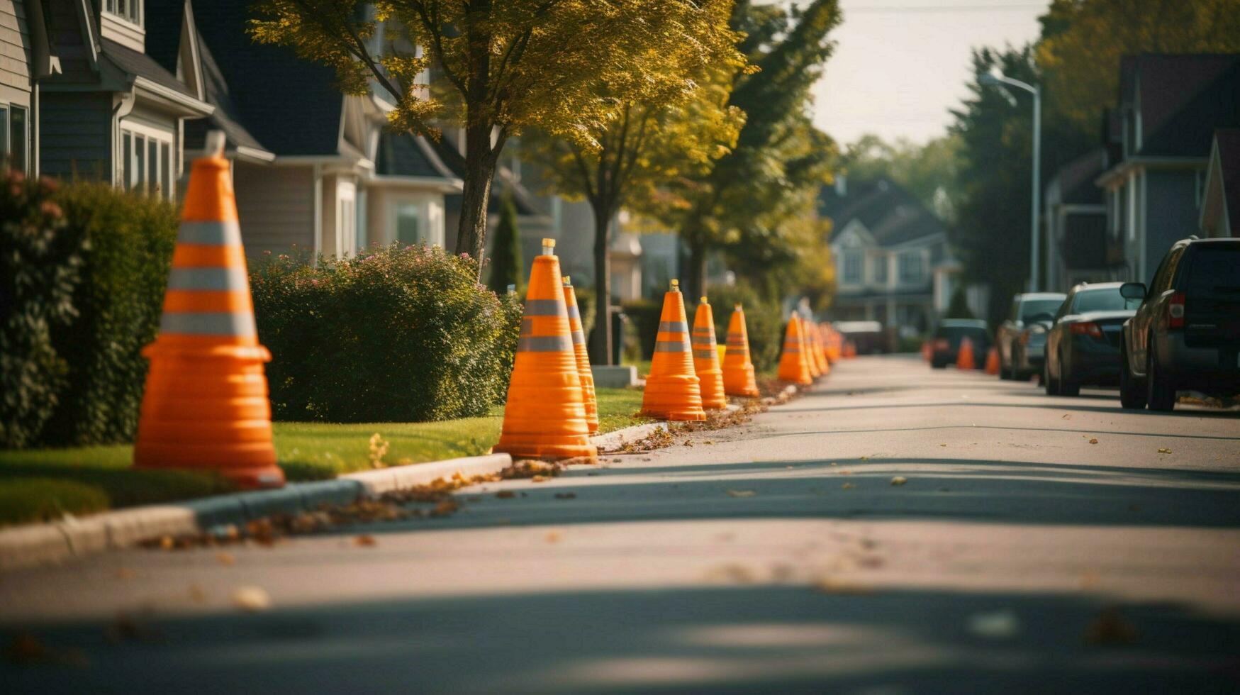 suburban street with line of traffic cones marking photo