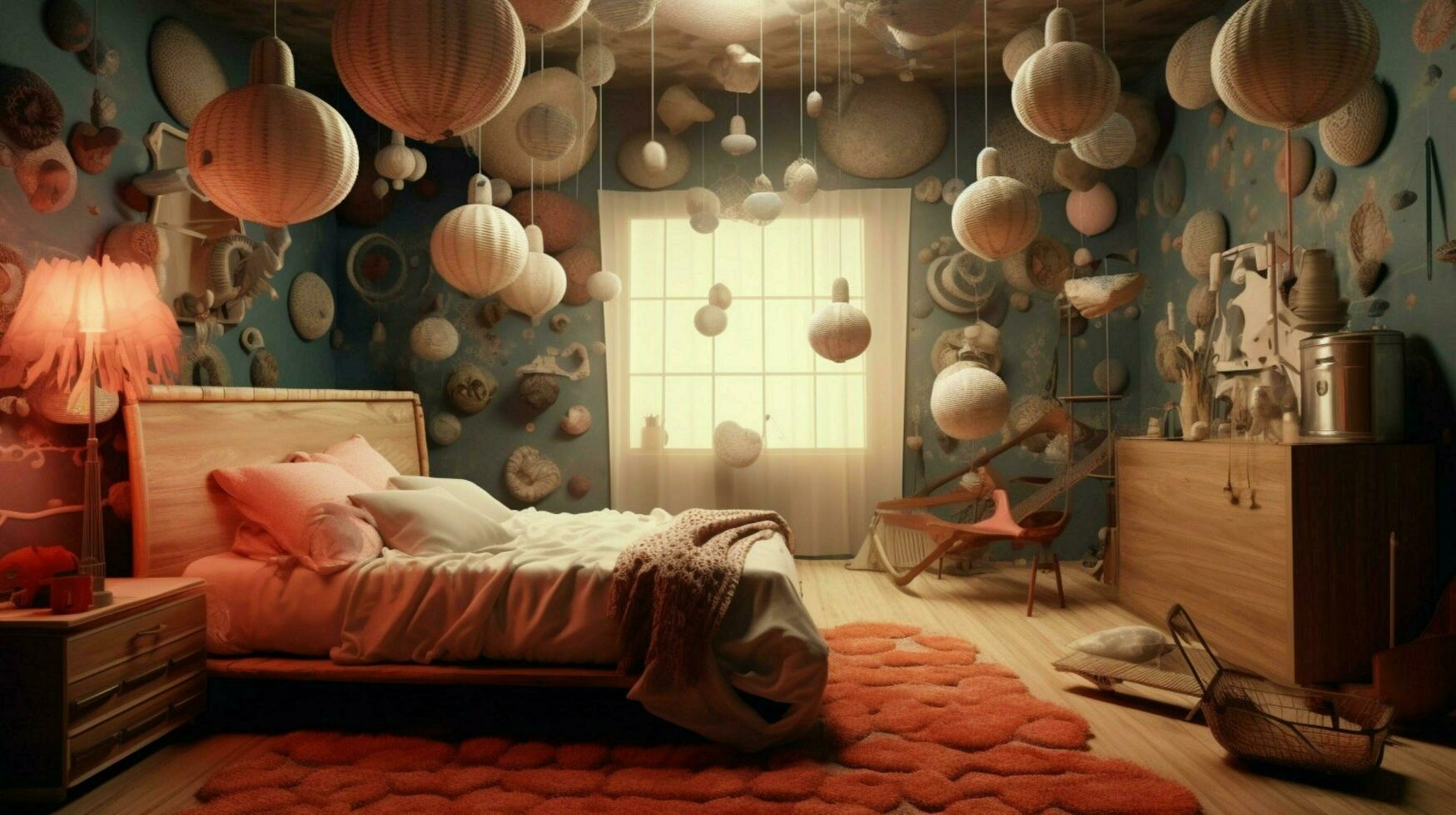 surrealista habitación con flotante objetos y sueño foto