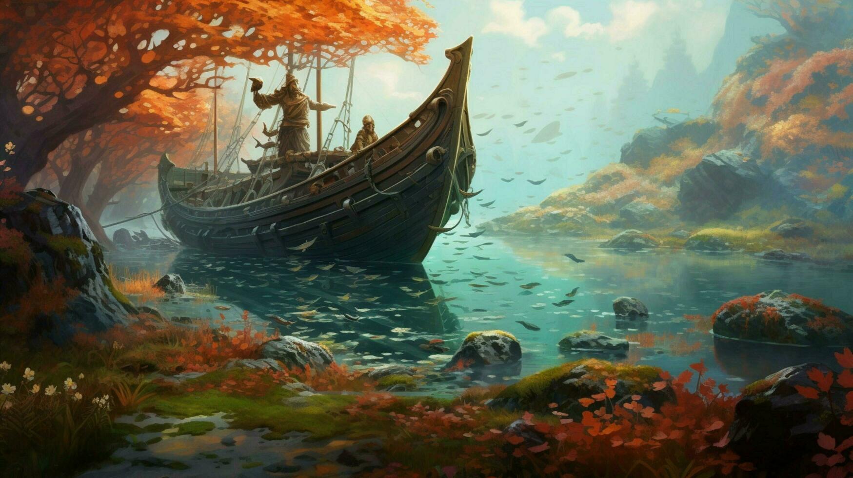 tidal pool with viking ship at anchor surrounded photo