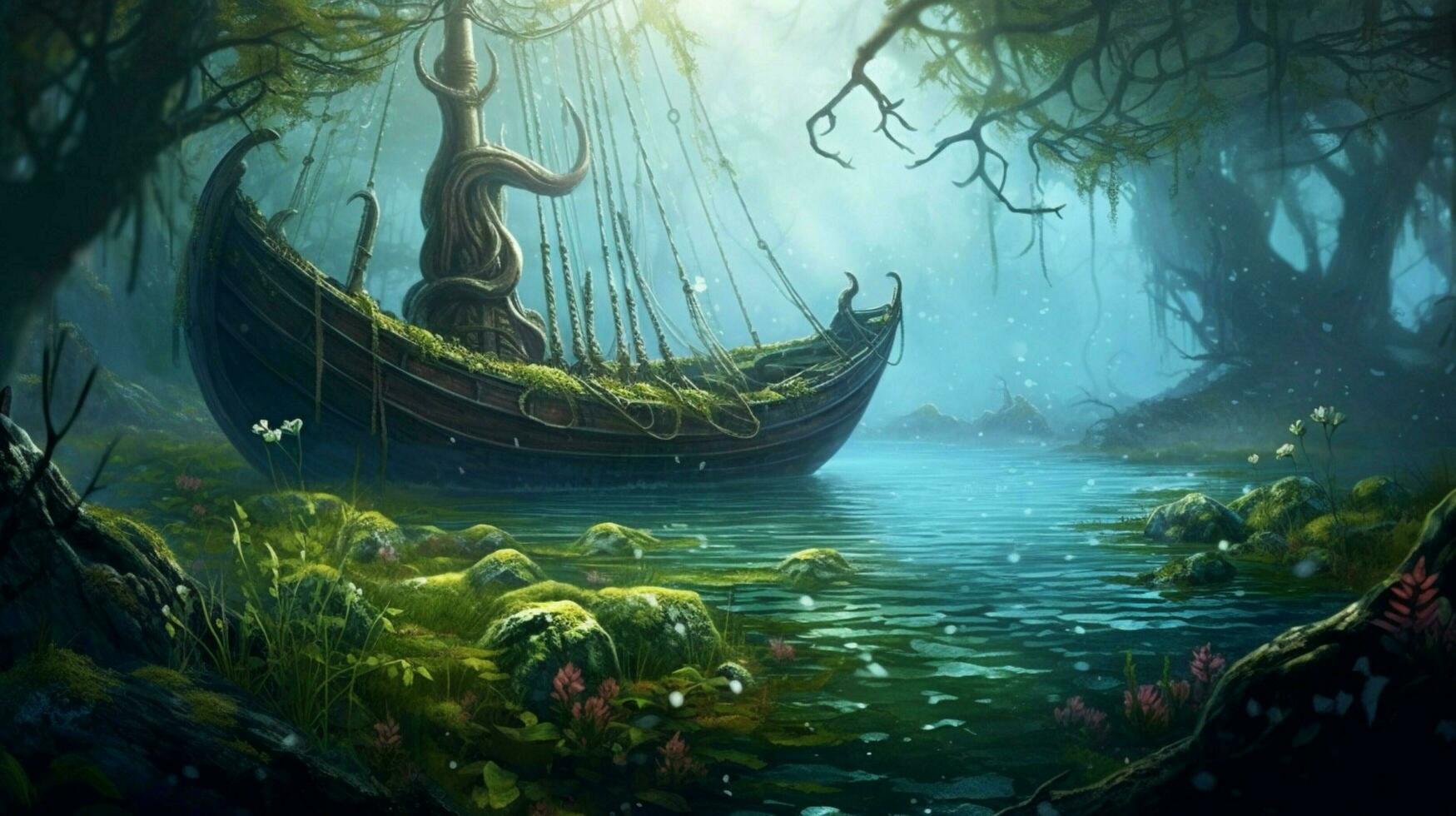 tidal pool with viking ship at anchor surrounded photo