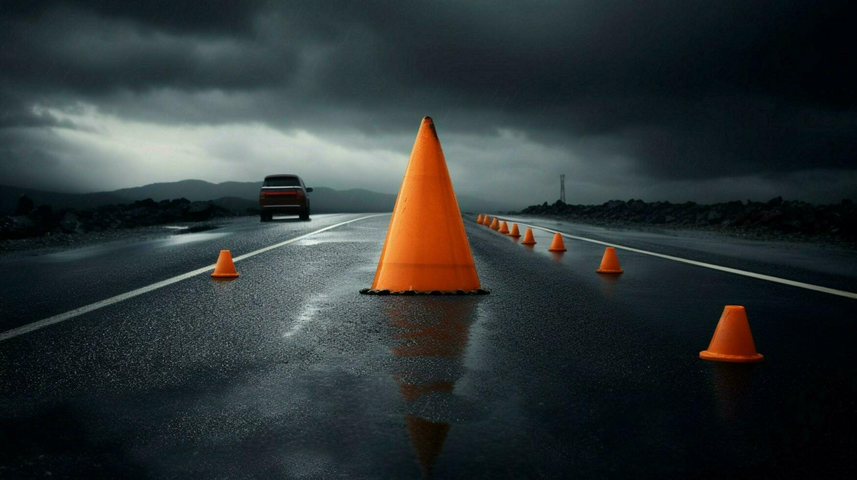 traffic cone in stormy weather with dark skies photo