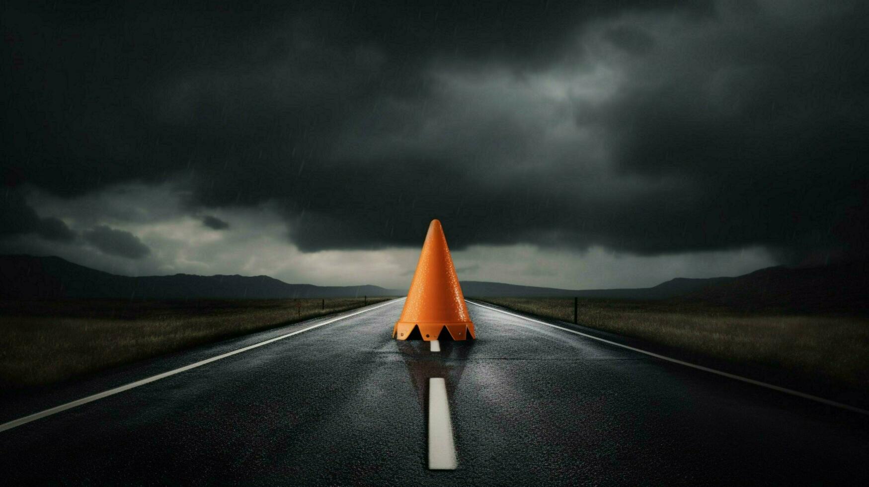 traffic cone in stormy weather with dark skies photo