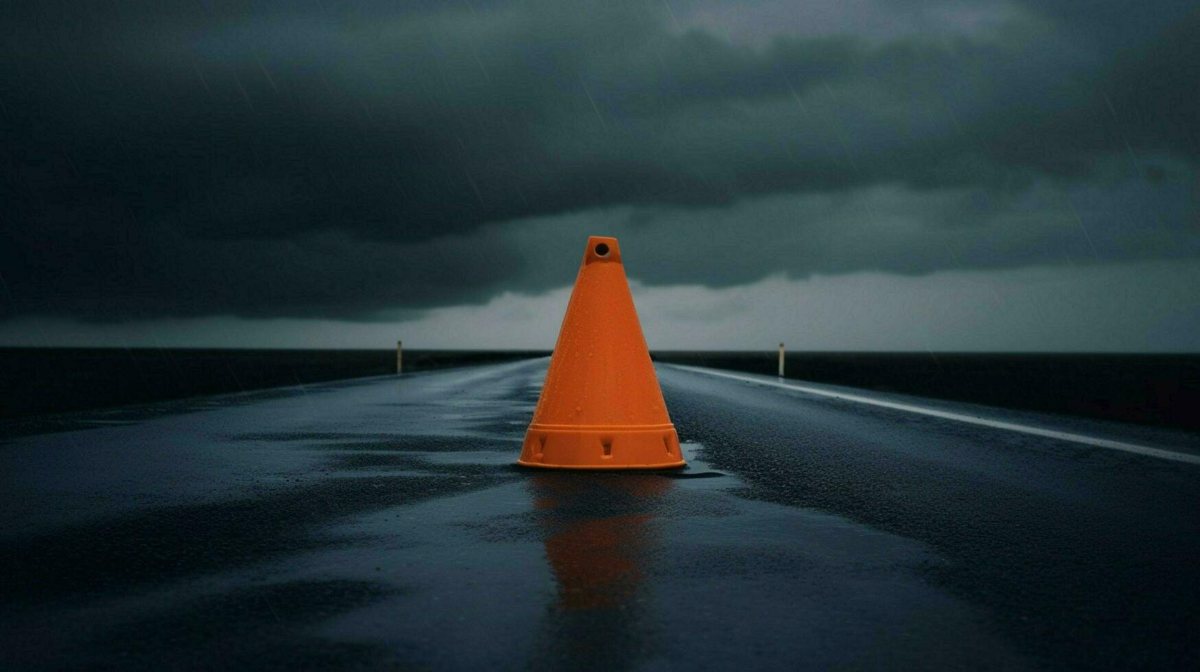 traffic cone in stormy weather with dark skies photo