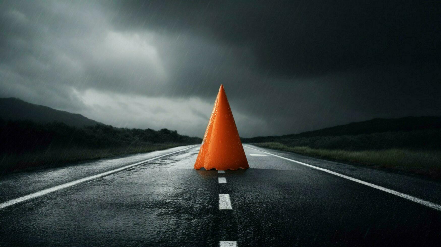 traffic cone in stormy weather with dark skies photo