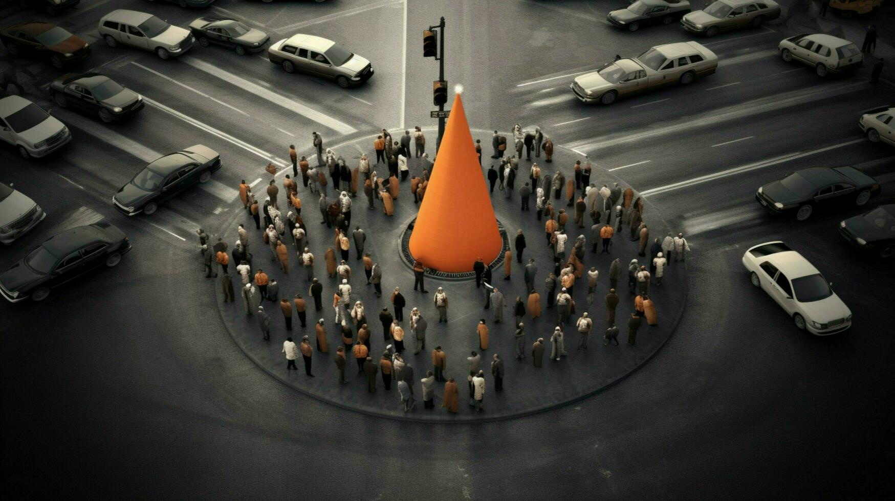traffic cone in the middle of a busy intersection photo