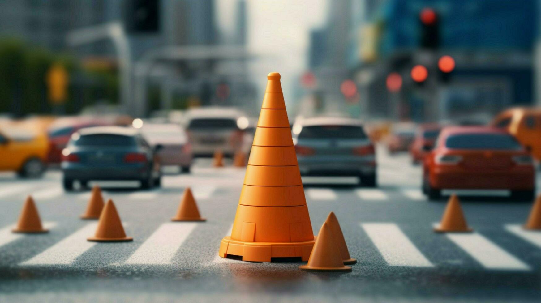 traffic cone in the middle of busy intersection photo