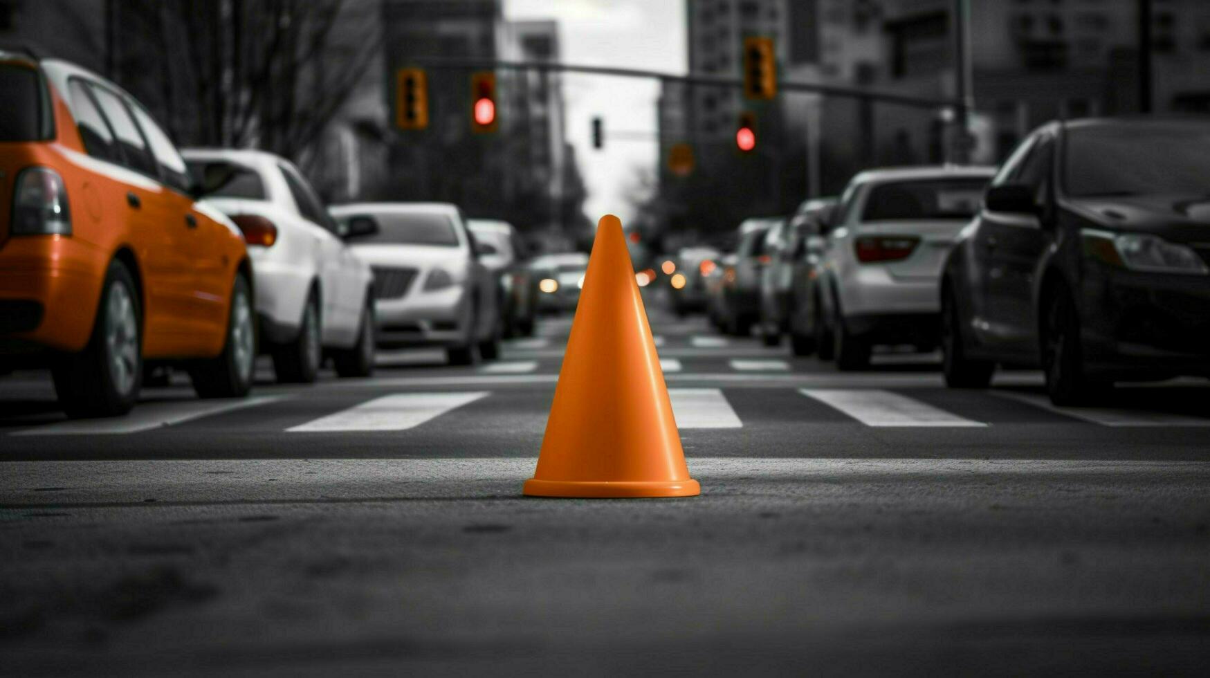 traffic cone in the middle of busy intersection photo