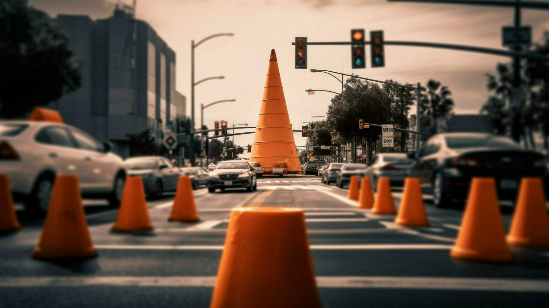 traffic cone in the middle of busy intersection photo