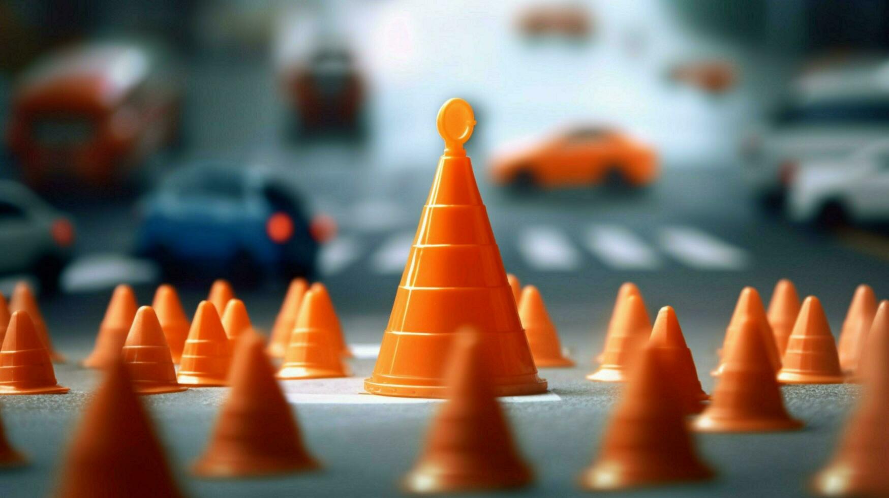 traffic cone in the middle of busy intersection photo