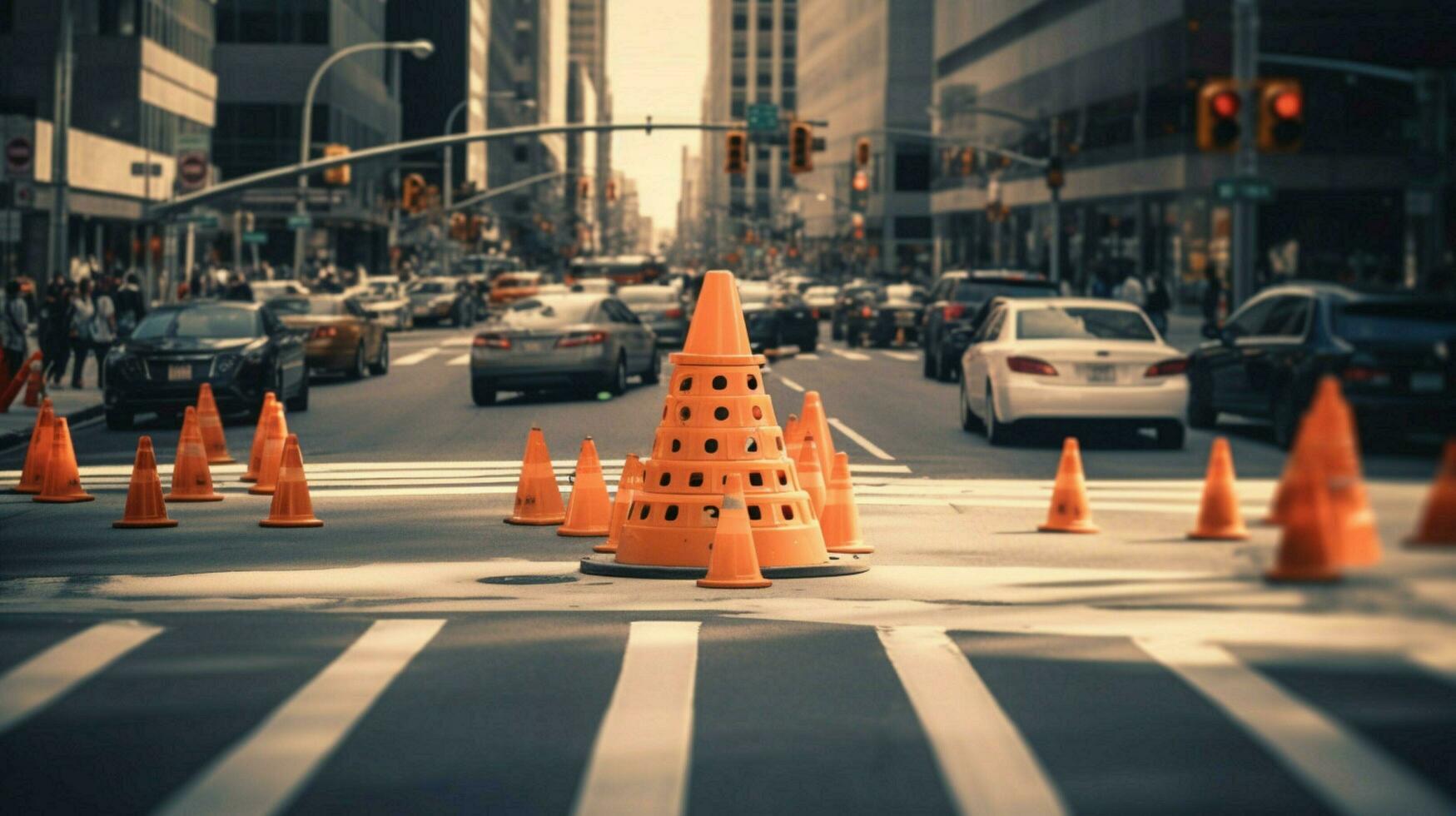 traffic cone in the middle of busy intersection photo