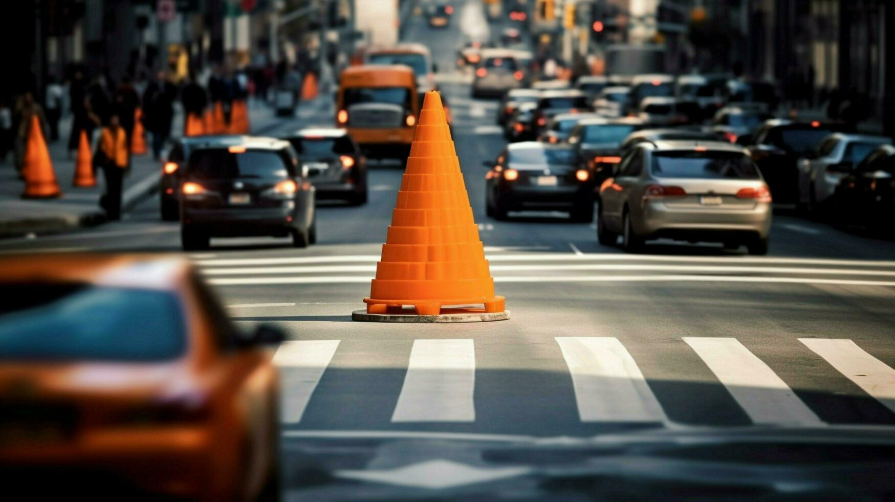 traffic cone in the middle of busy intersection photo