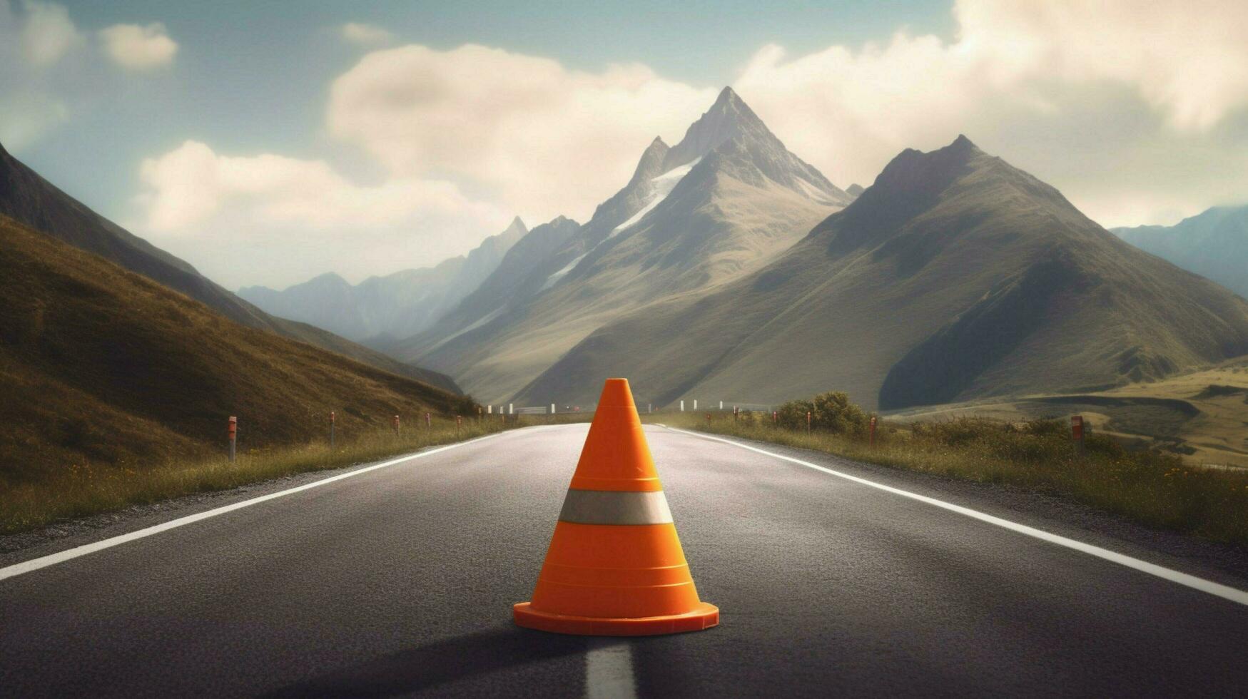 traffic cone on a winding road with mountains photo