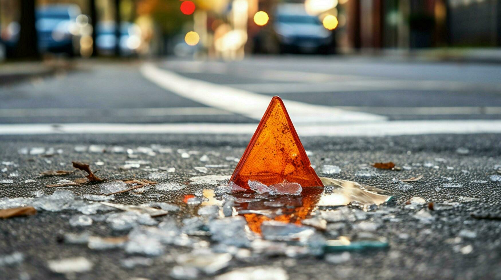 traffic cone on sidewalk surrounded by broken photo