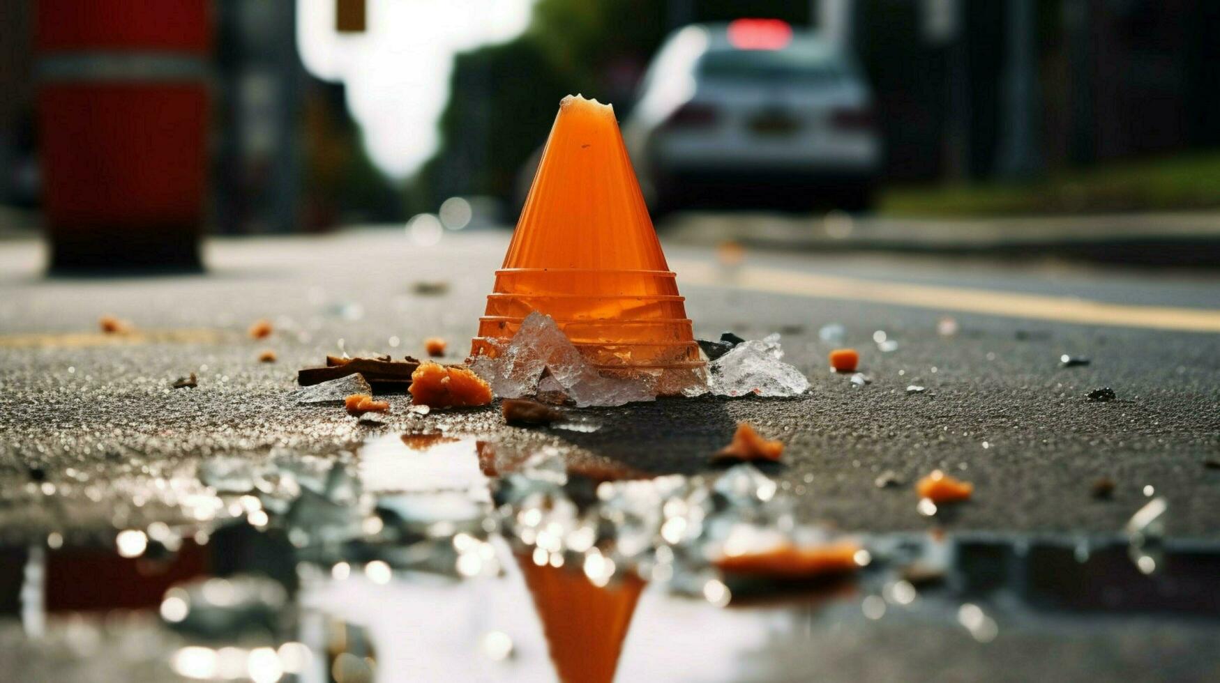 traffic cone on sidewalk surrounded by broken photo